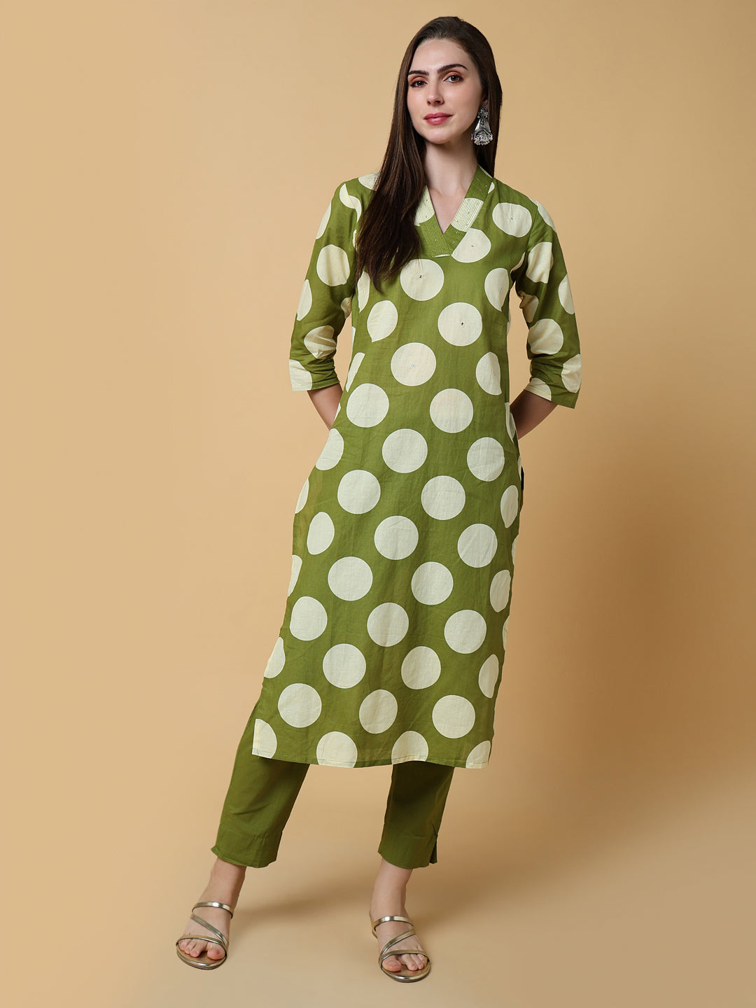 Women Geometric Green Straight Kurta Set