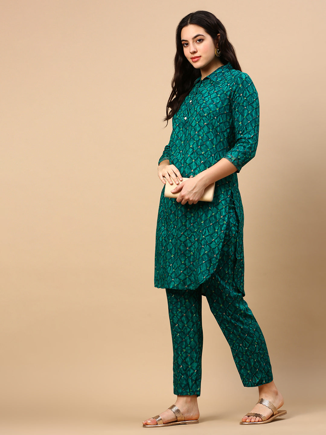 Women Bandhani Green Straight Kurta Set