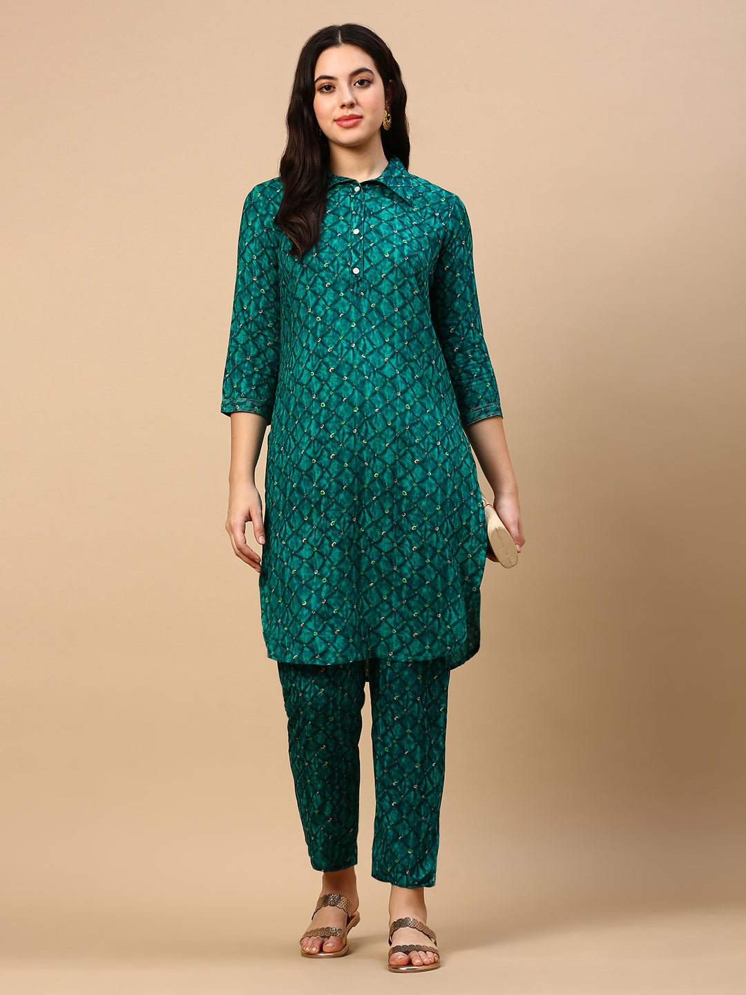 Women Bandhani Green Straight Kurta Set