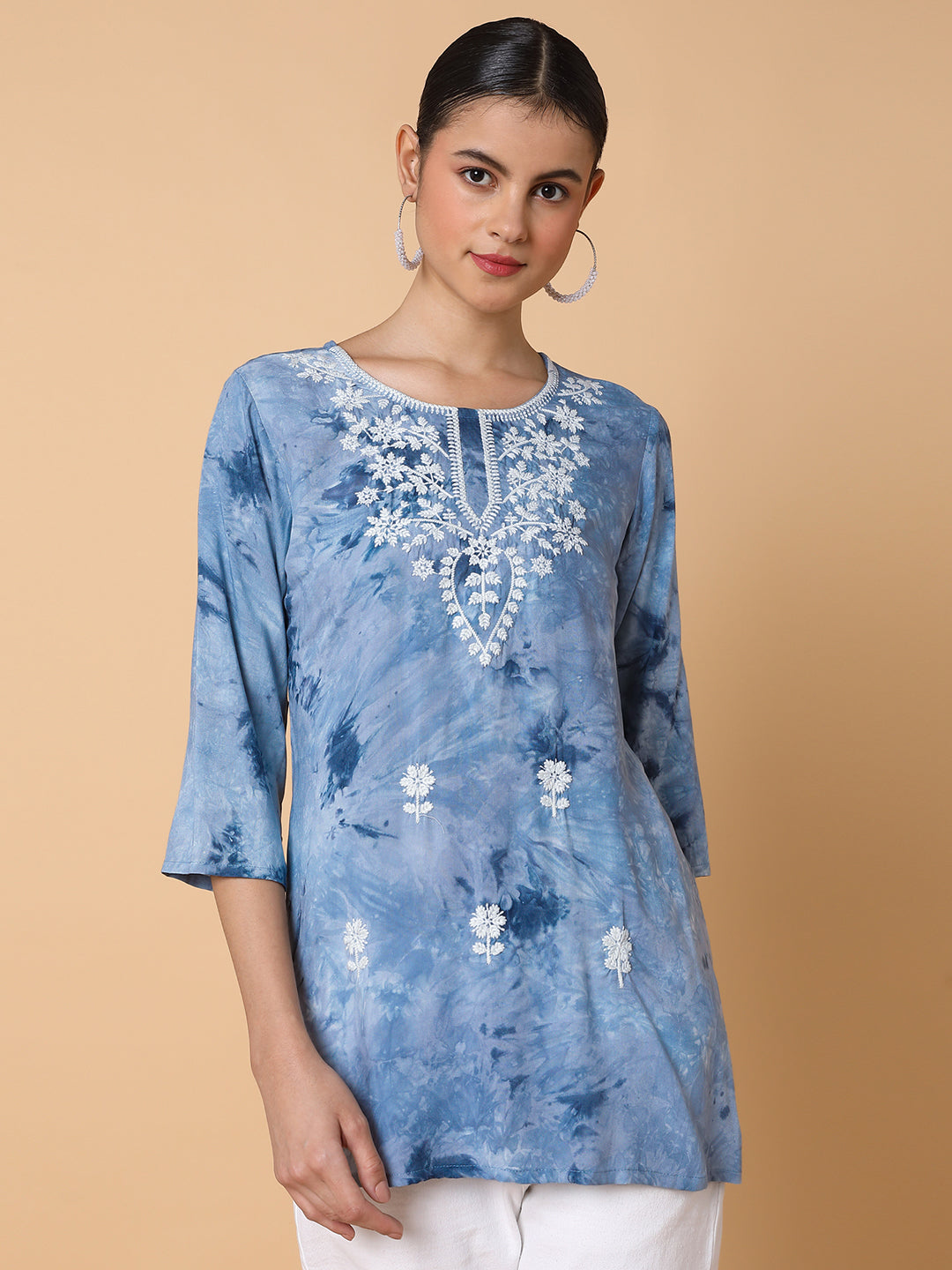 Women's Floral Blue Yoke Design Chikankari Kurti