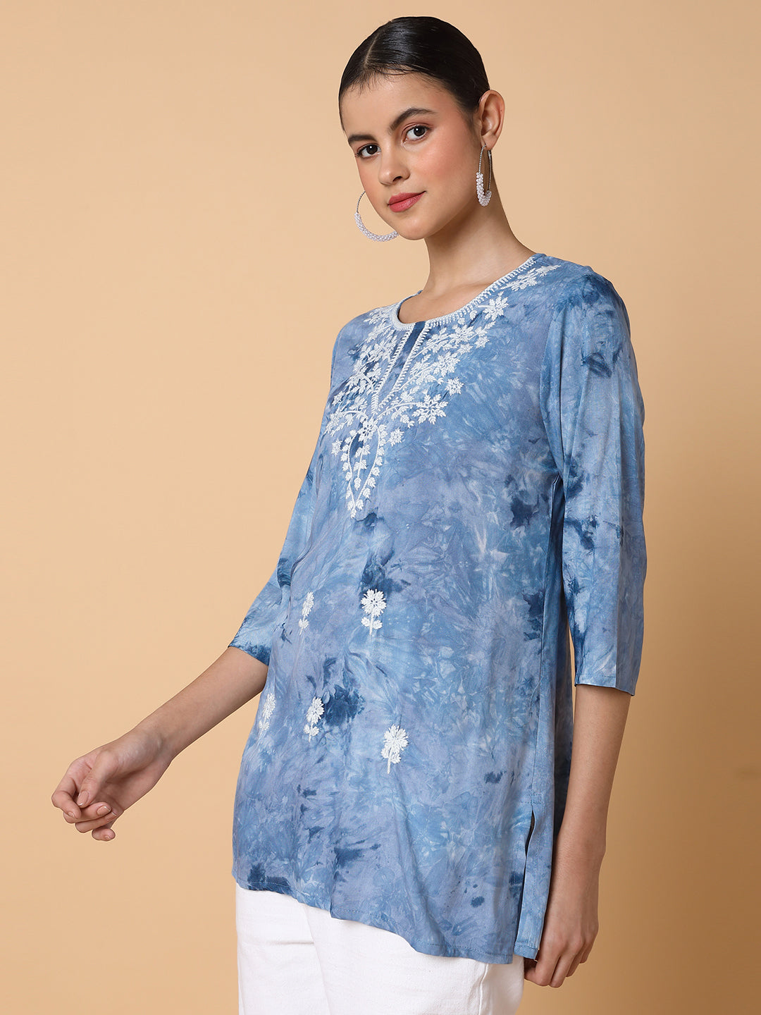 Women's Floral Blue Yoke Design Chikankari Kurti
