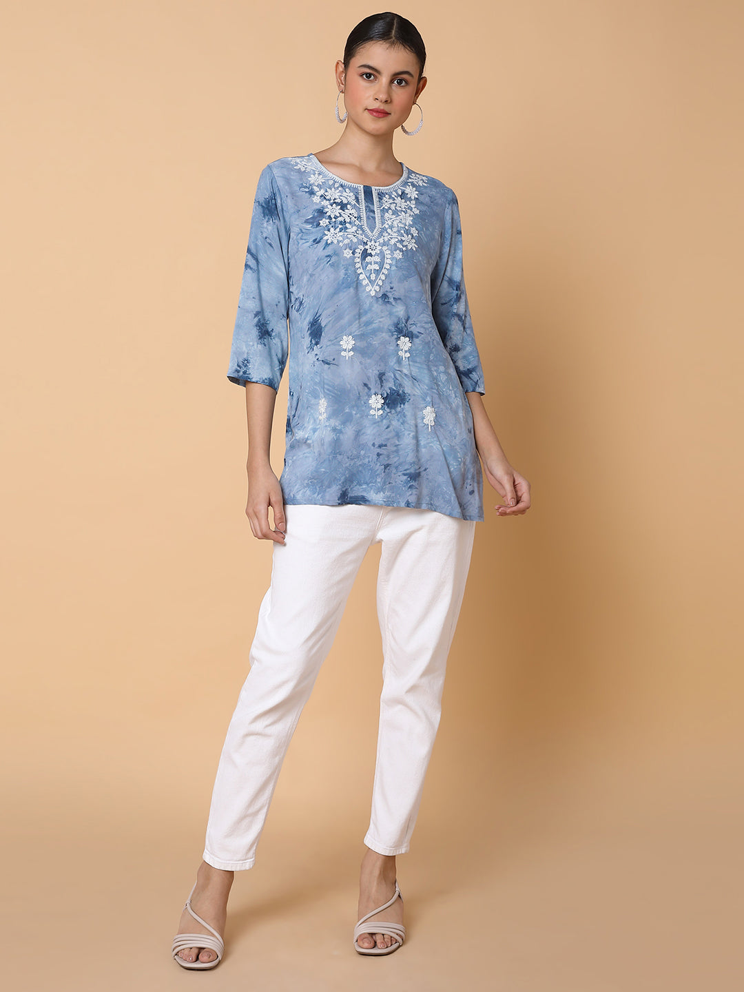 Women's Floral Blue Yoke Design Chikankari Kurti