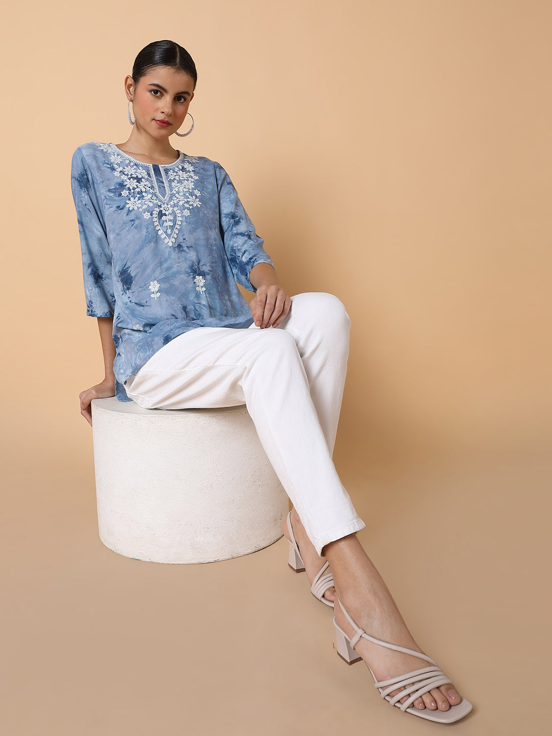 Women's Floral Blue Yoke Design Chikankari Kurti