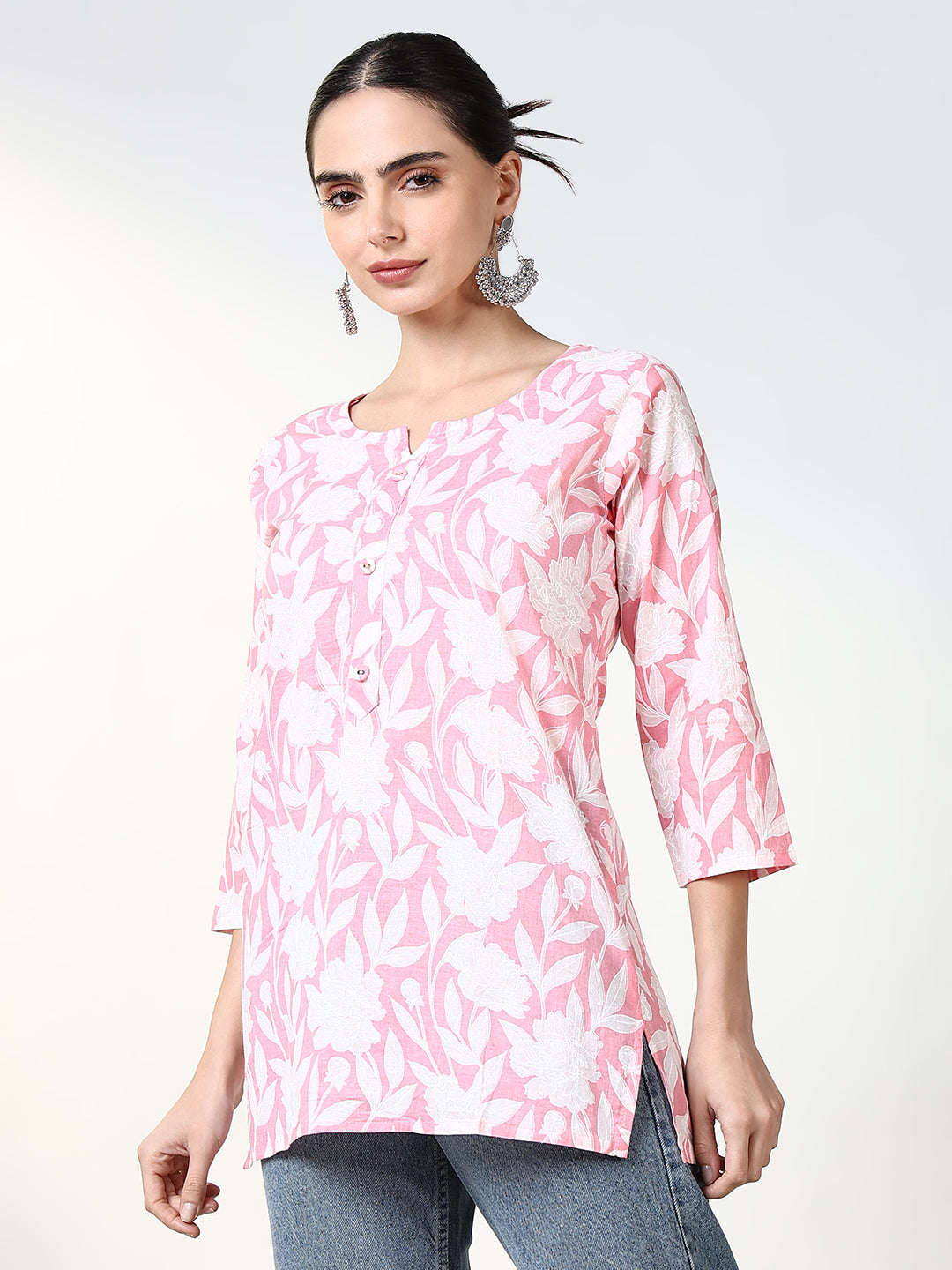 Women Pink Floral Straight Kurti