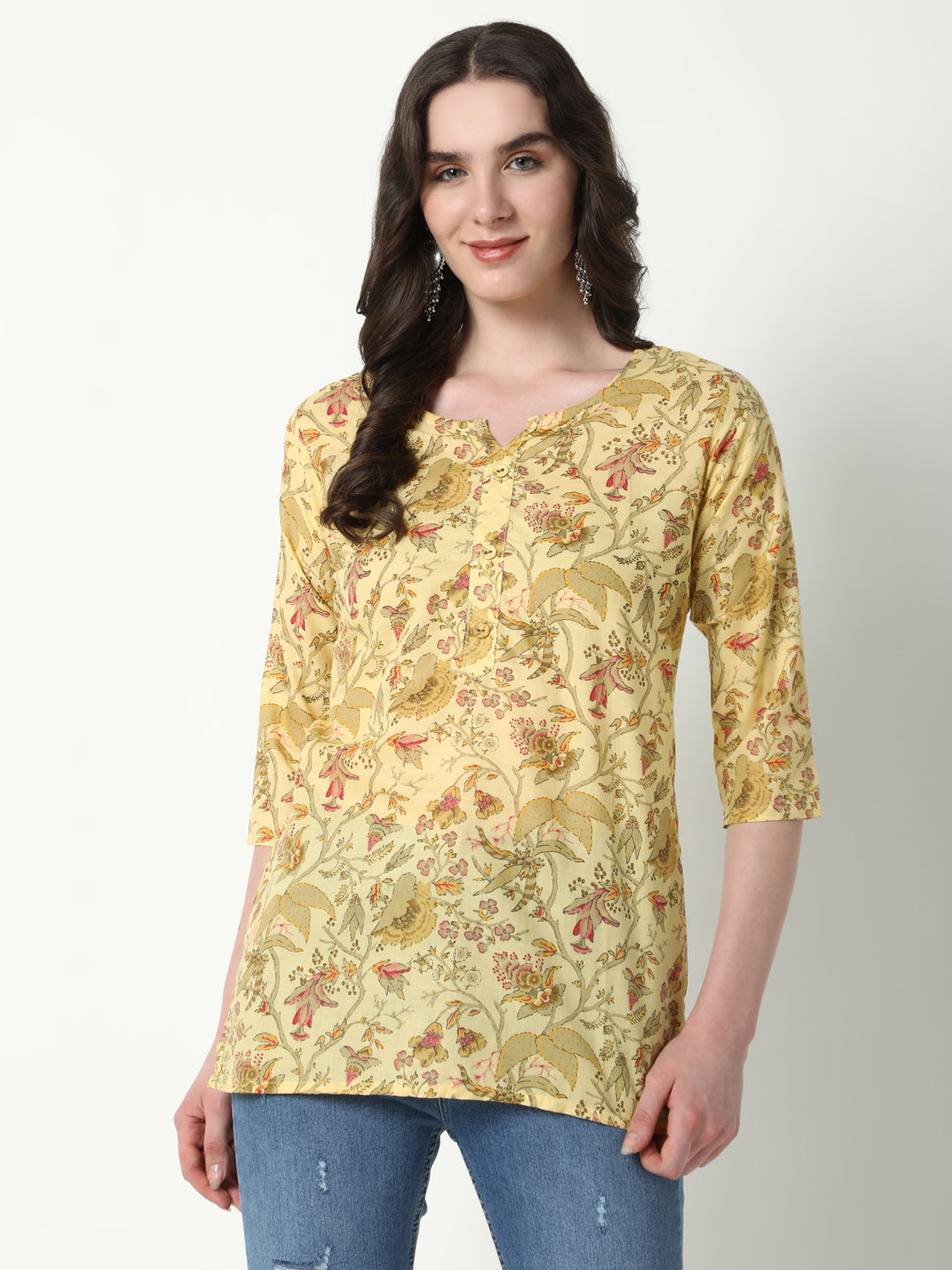 Women Yellow Floral Straight Kurti