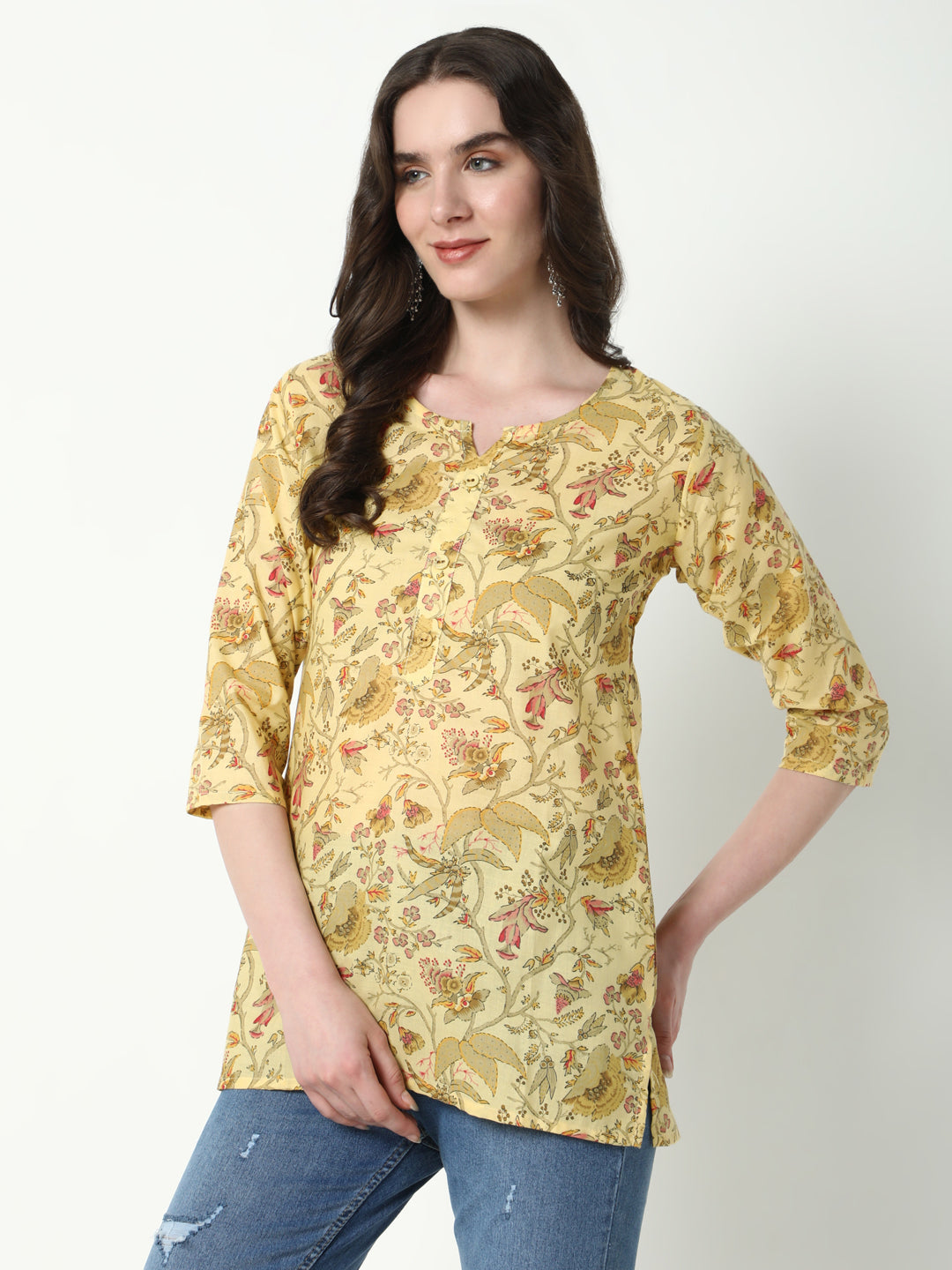 Women Yellow Floral Straight Kurti