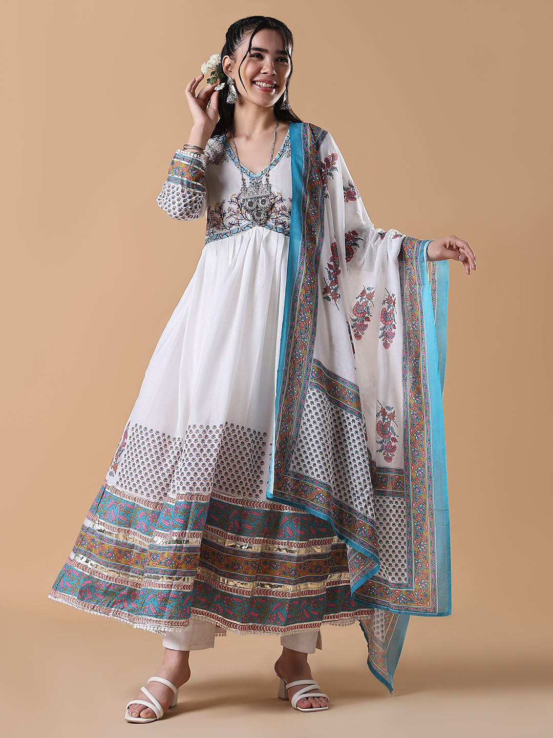 Women White Printed Cotton Anarkali Kurta with Dupatta