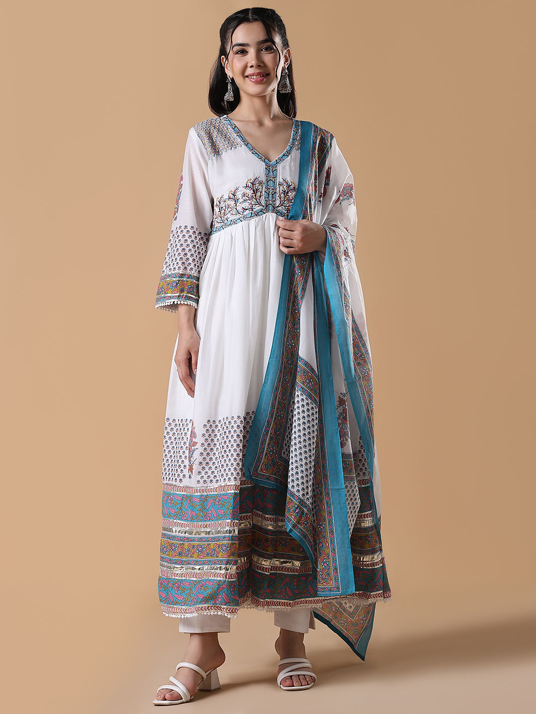 Women White Printed Cotton Anarkali Kurta with Dupatta