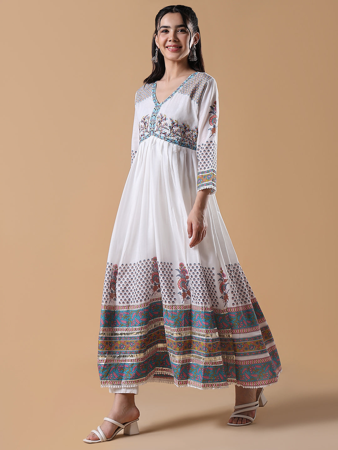 Women White Printed Cotton Anarkali Kurta with Dupatta