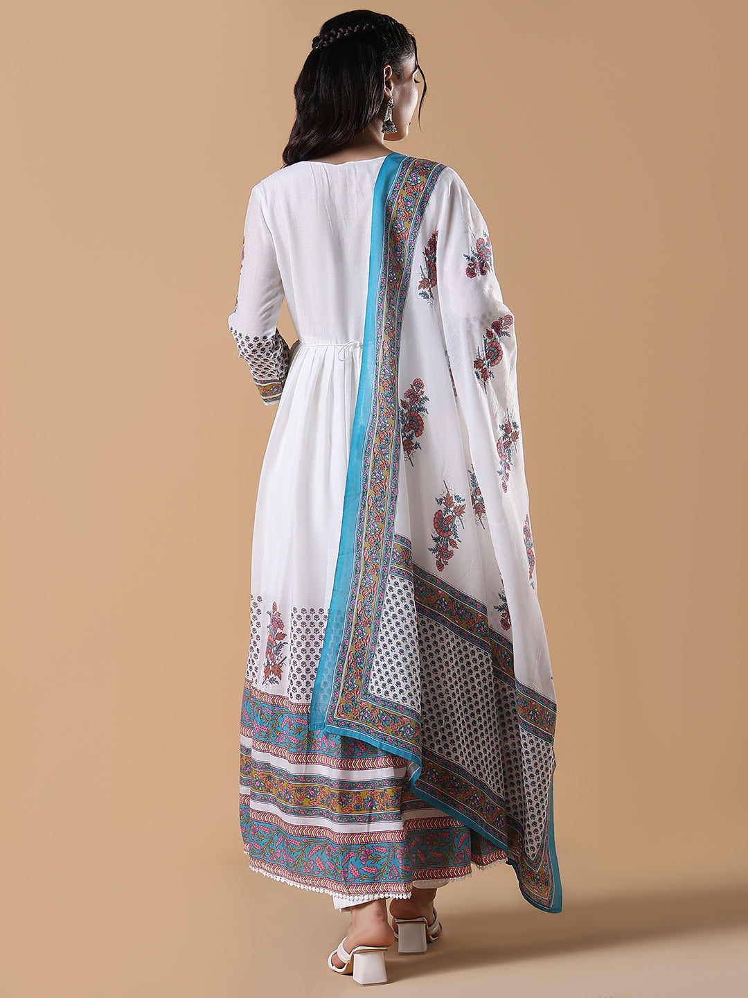 Women White Printed Cotton Anarkali Kurta with Dupatta