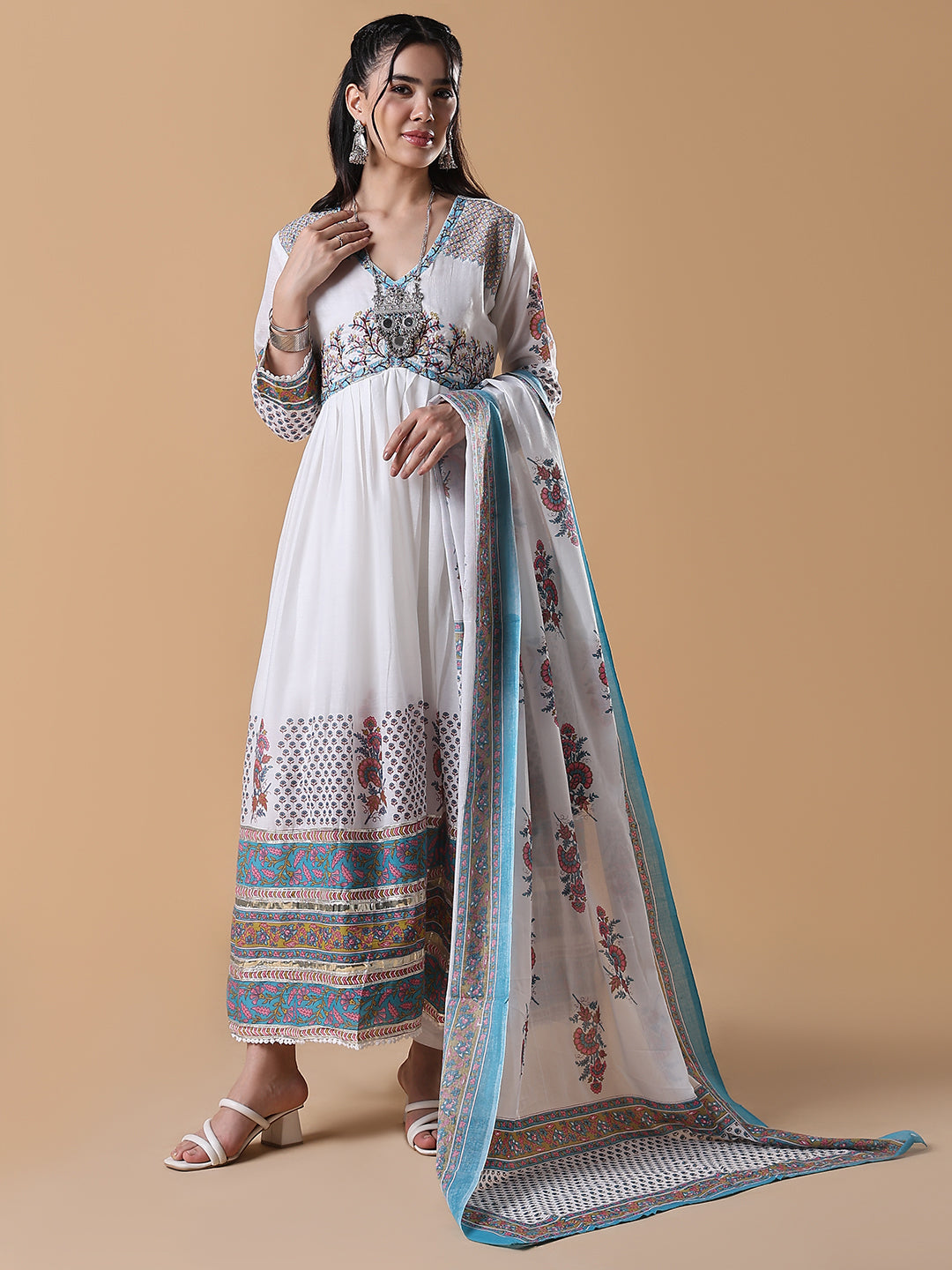 Women White Printed Cotton Anarkali Kurta with Dupatta