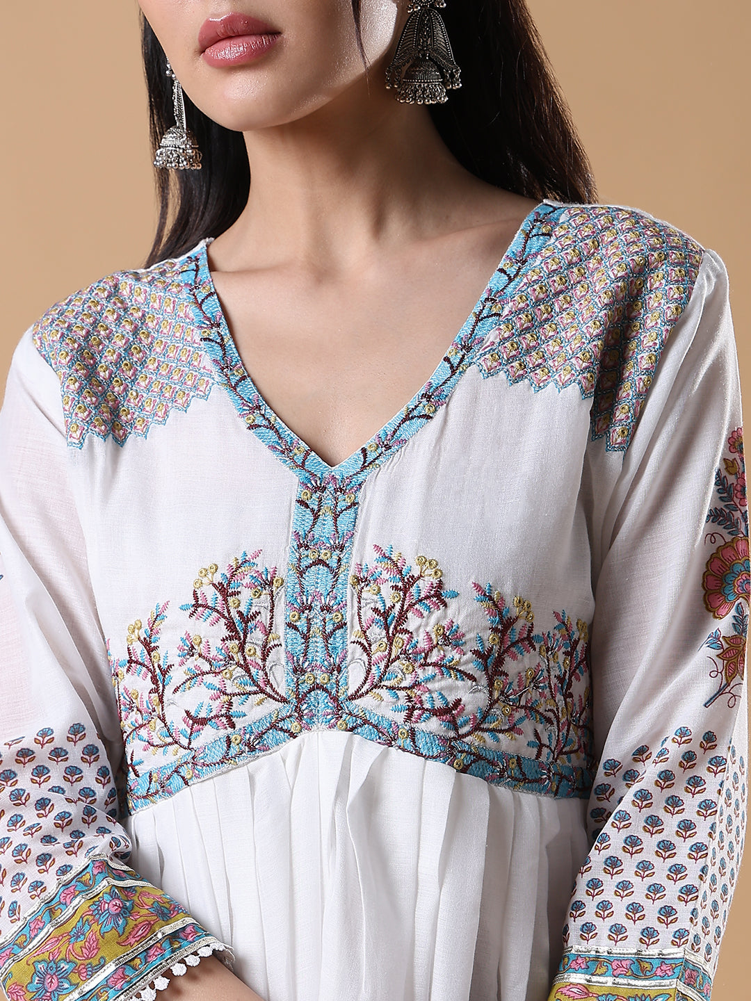 Women White Printed Cotton Anarkali Kurta with Dupatta