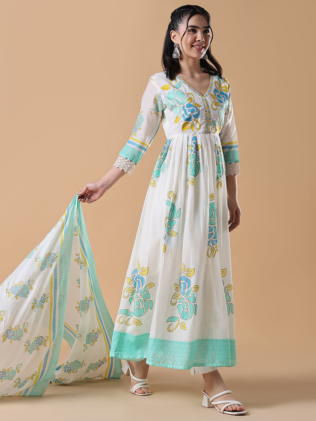 Women White Floral Cotton Anarkali Kurta with Dupatta