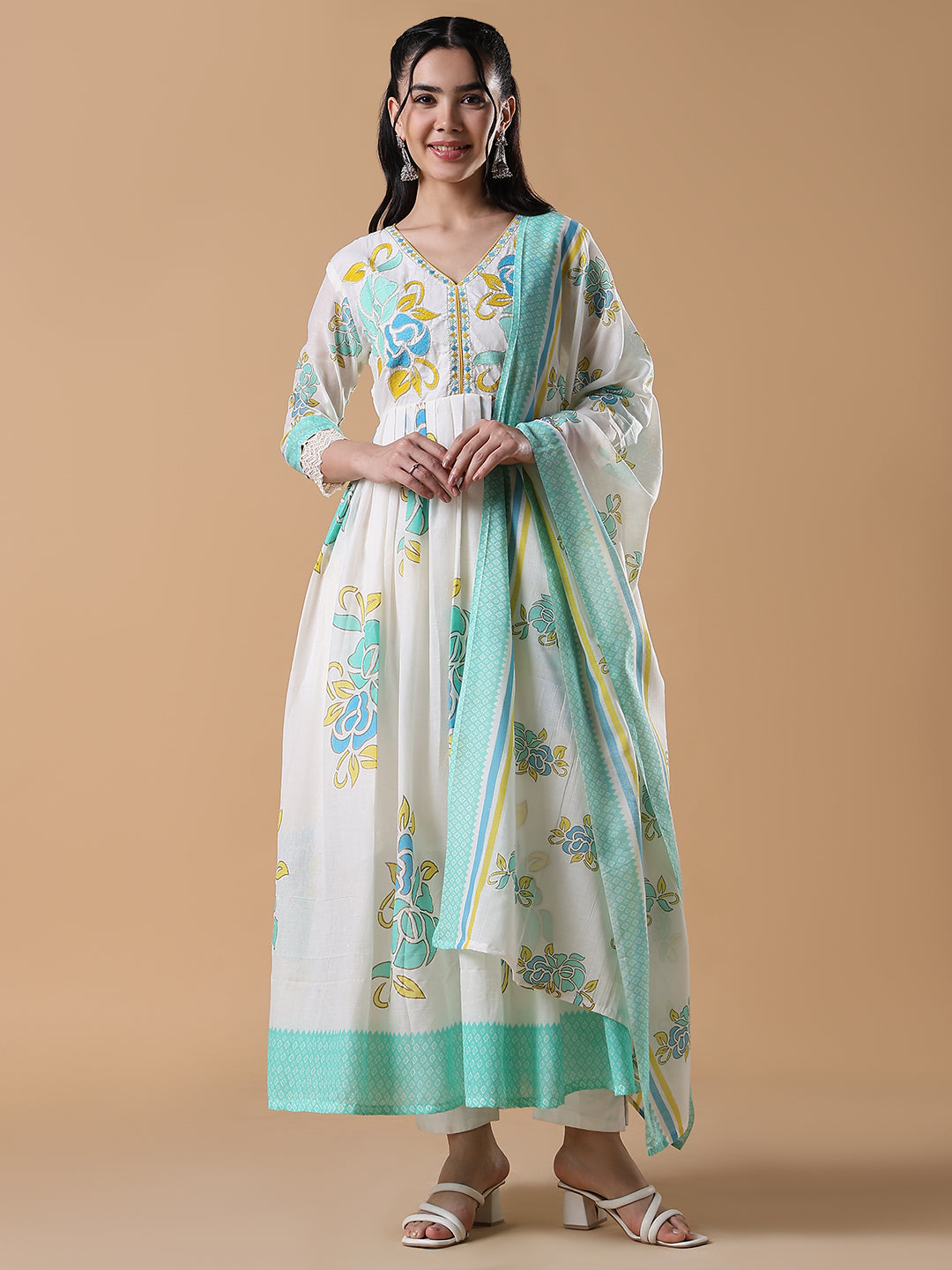 Women White Floral Cotton Anarkali Kurta with Dupatta