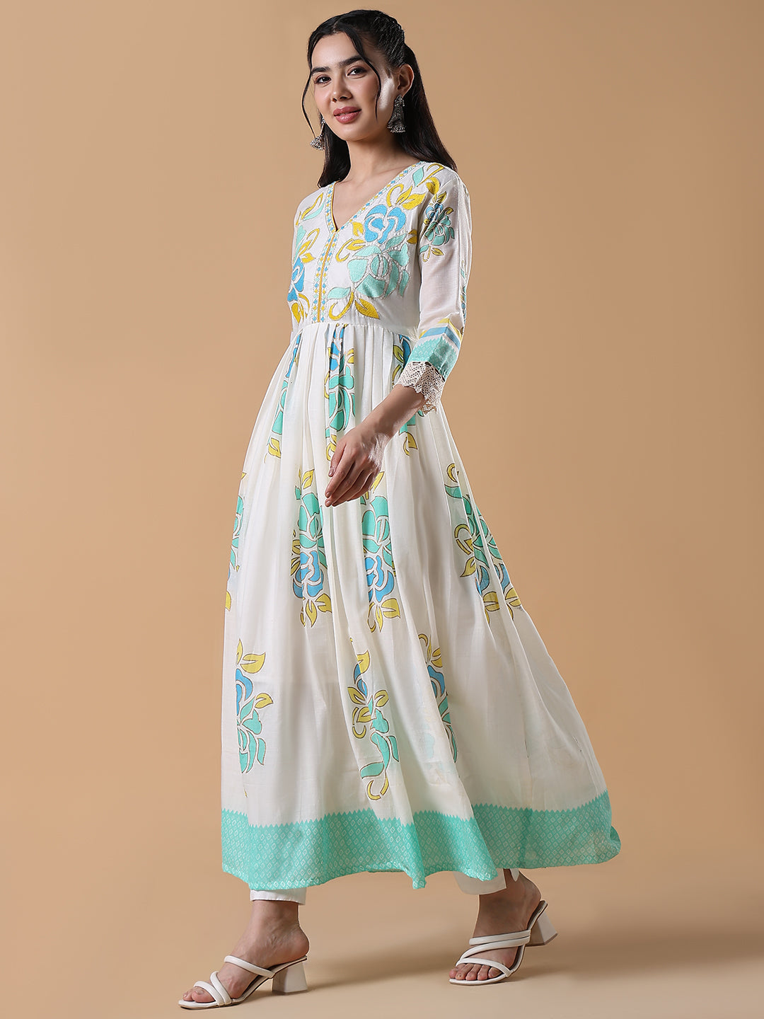 Women White Floral Cotton Anarkali Kurta with Dupatta