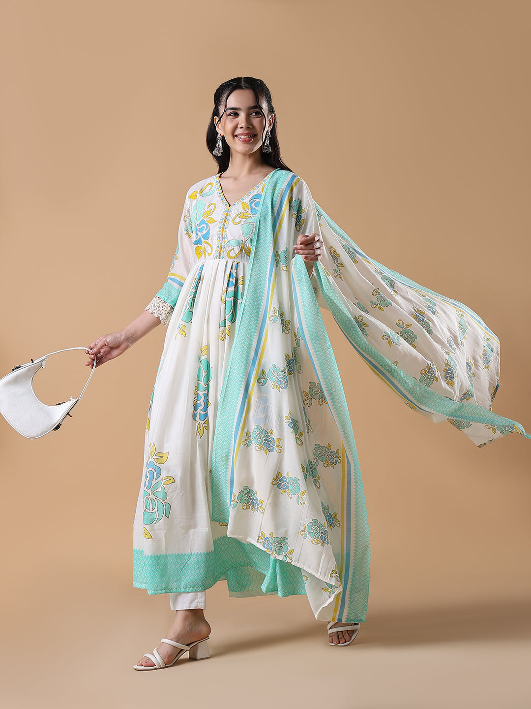 Women White Floral Cotton Anarkali Kurta with Dupatta