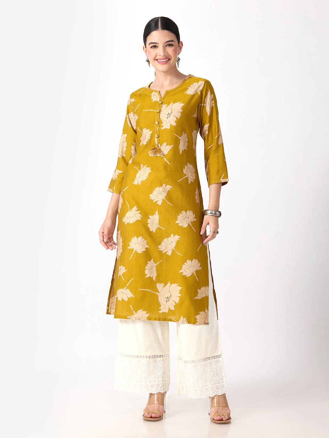 Women’s Floral Printed Yellow Straight Kurta