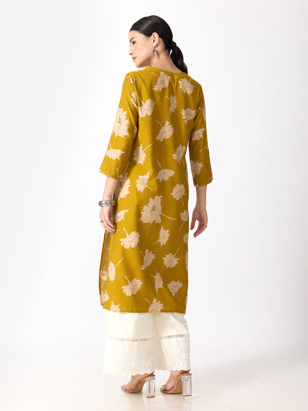 Women’s Floral Printed Yellow Straight Kurta