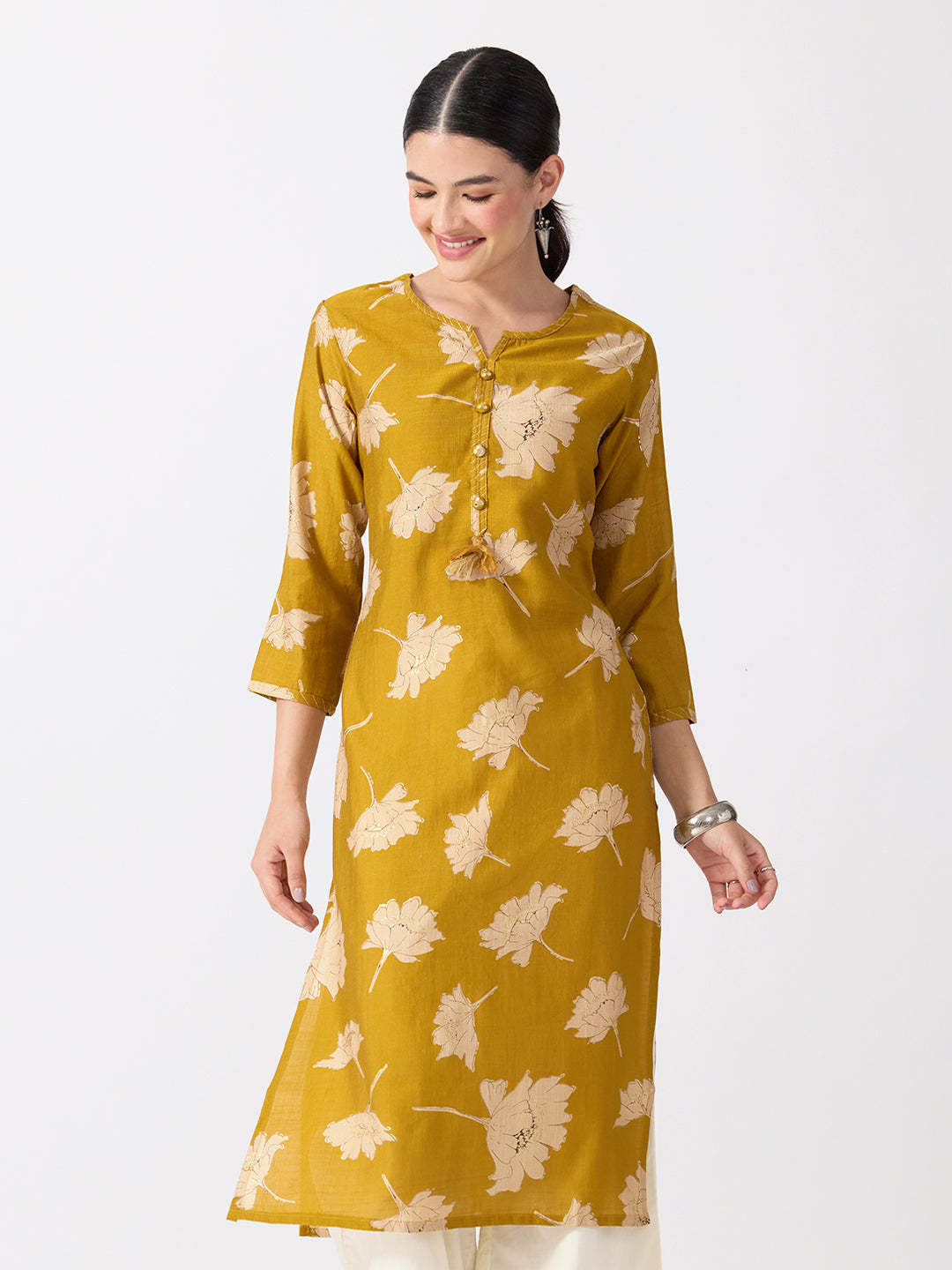 Women’s Floral Printed Yellow Straight Kurta