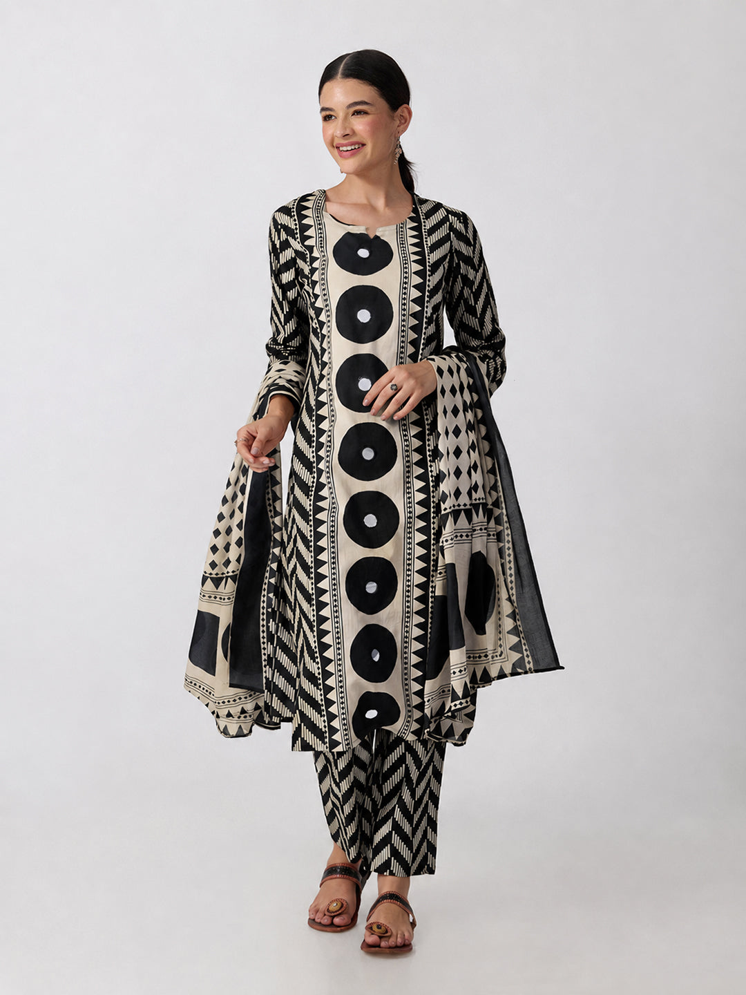 Women’s Geometric Printed Black Straight Kurta Set with Mirror Detail and Dupatta