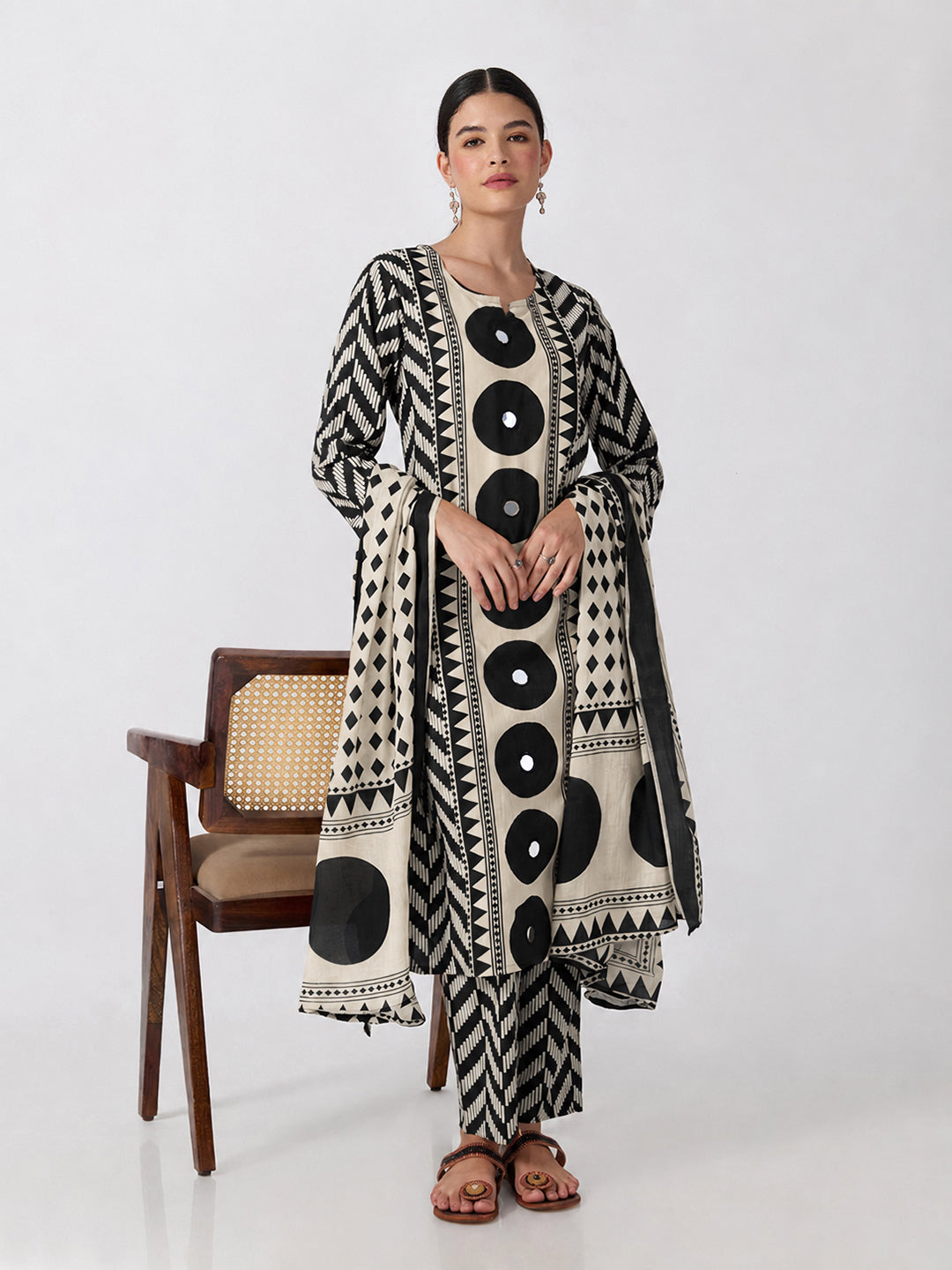 Women’s Geometric Printed Black Straight Kurta Set with Mirror Detail and Dupatta