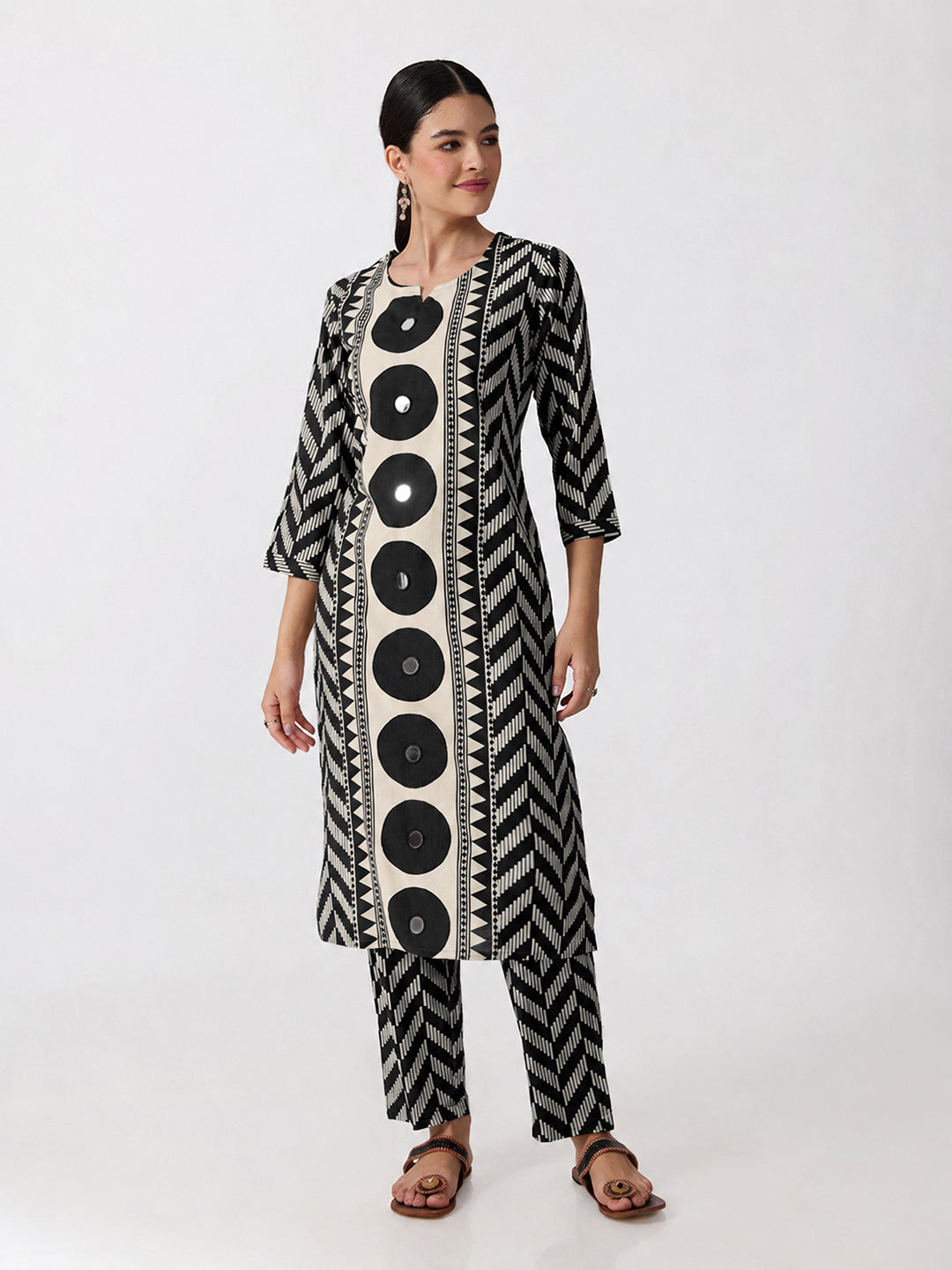 Women’s Geometric Printed Black Straight Kurta Set with Mirror Detail and Dupatta