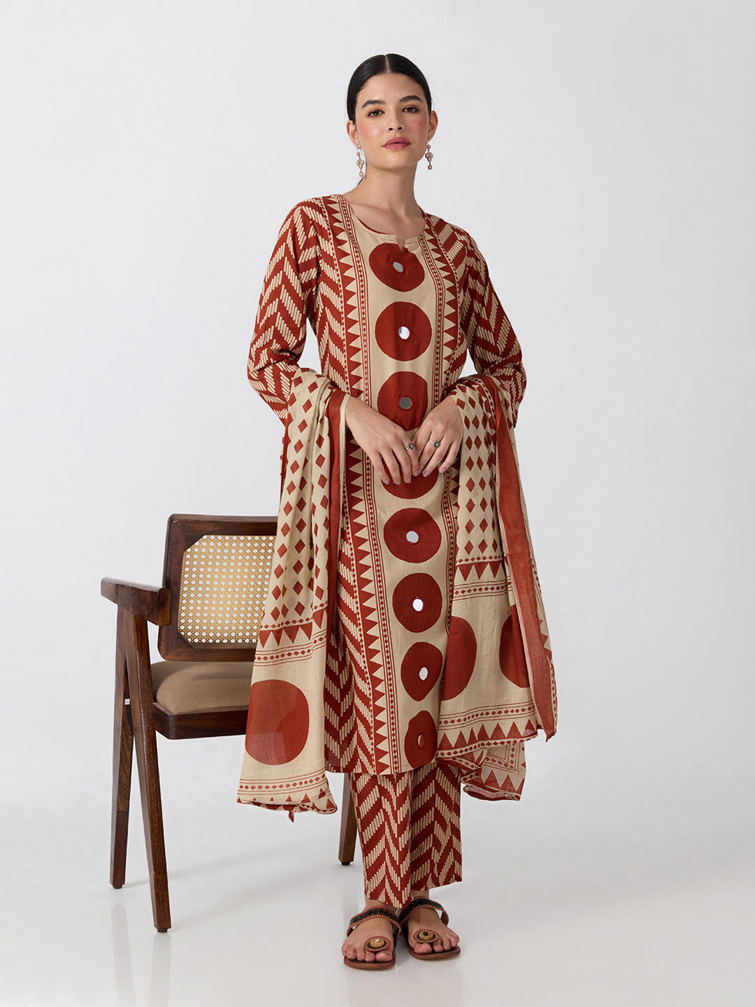 Women’s Geometric Printed Rust Straight Kurta Set with Mirror Detail and Dupatta