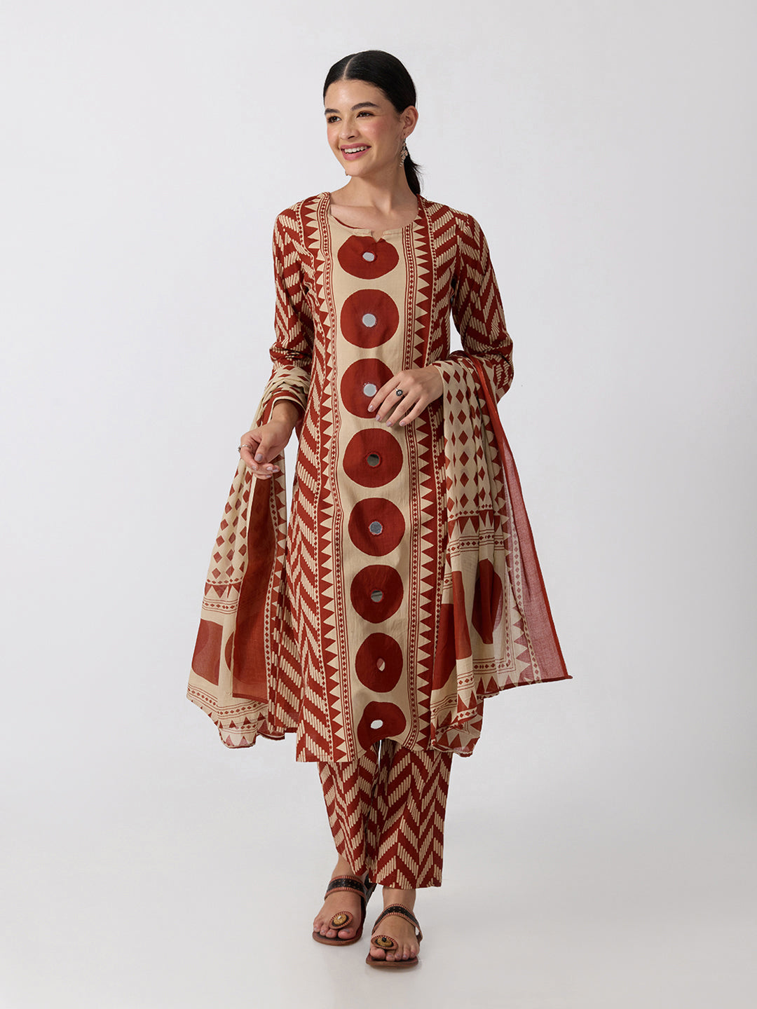 Women’s Geometric Printed Rust Straight Kurta Set with Mirror Detail and Dupatta