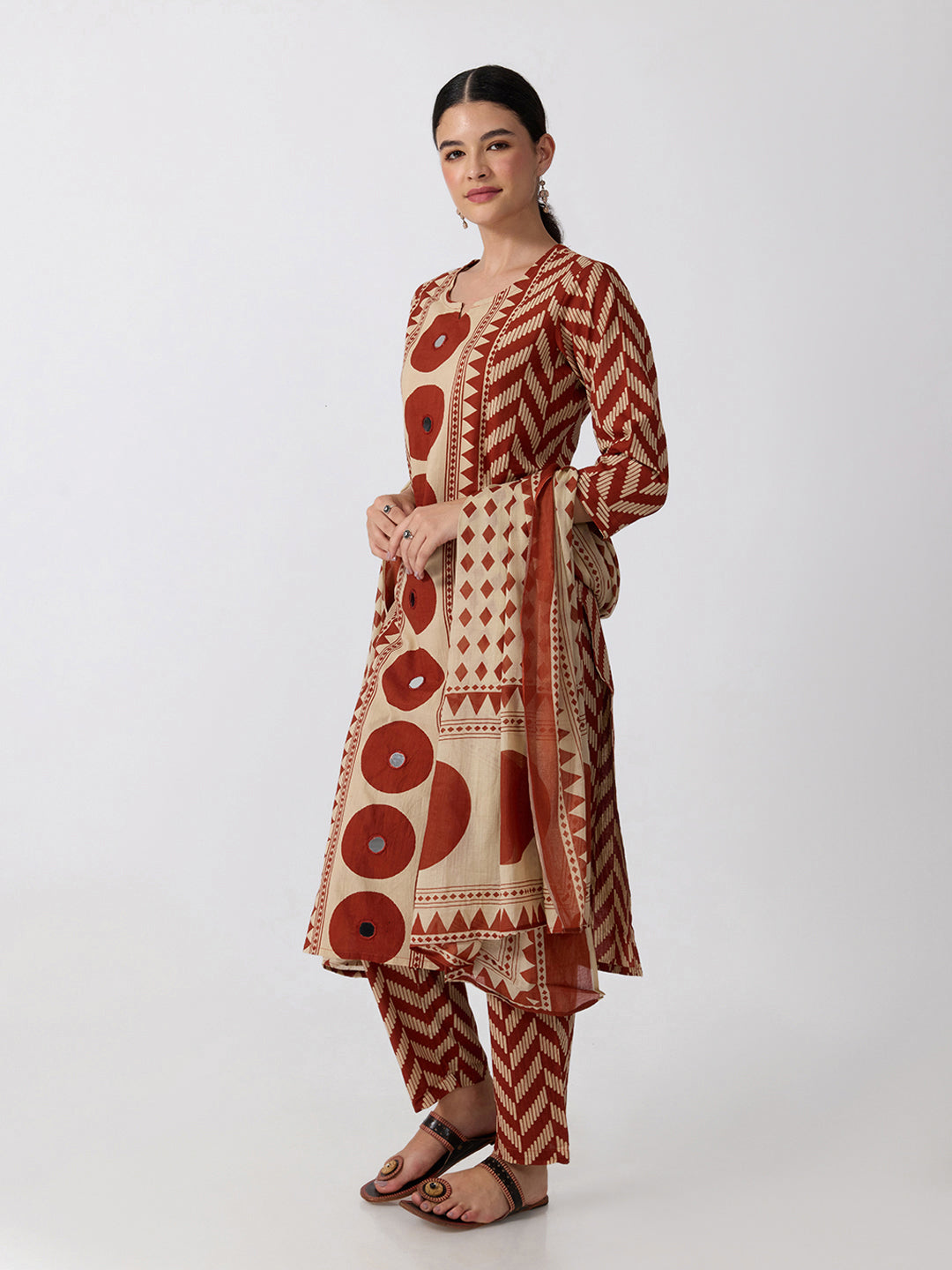 Women’s Geometric Printed Rust Straight Kurta Set with Mirror Detail and Dupatta