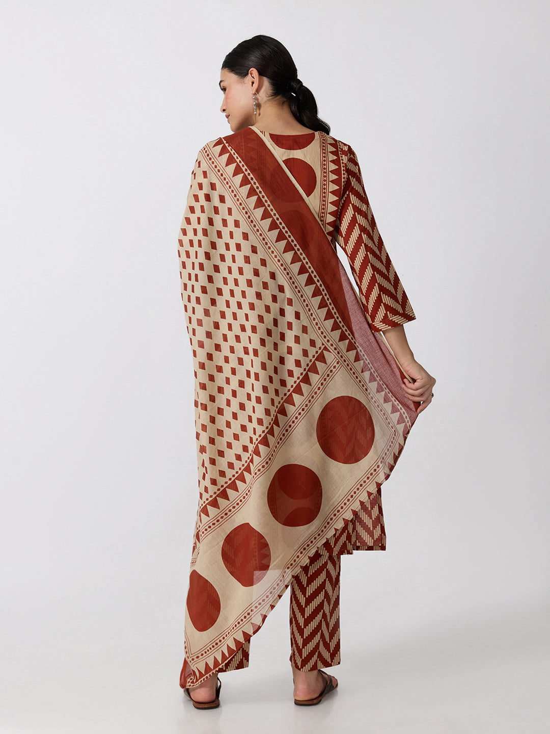 Women’s Geometric Printed Rust Straight Kurta Set with Mirror Detail and Dupatta