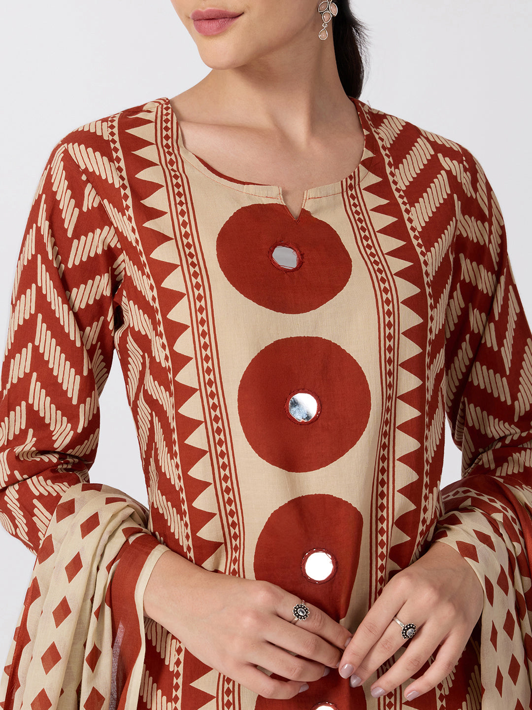 Women’s Geometric Printed Rust Straight Kurta Set with Mirror Detail and Dupatta