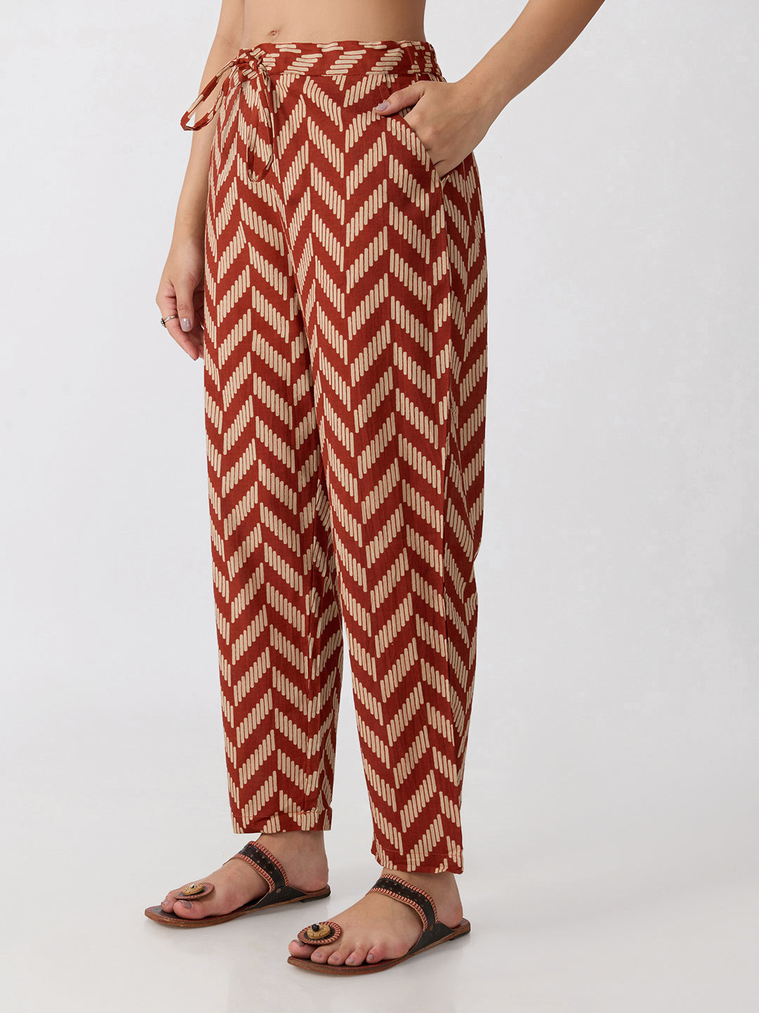 Women’s Geometric Printed Rust Straight Kurta Set with Mirror Detail and Dupatta