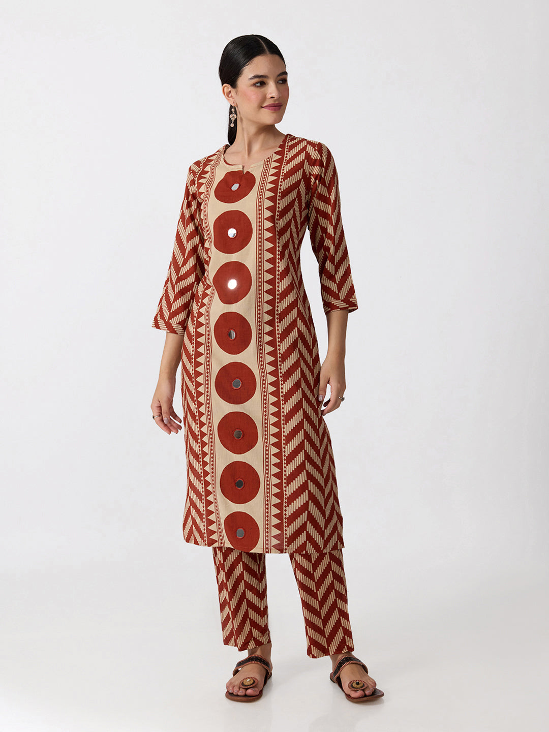 Women’s Geometric Printed Rust Straight Kurta Set with Mirror Detail and Dupatta