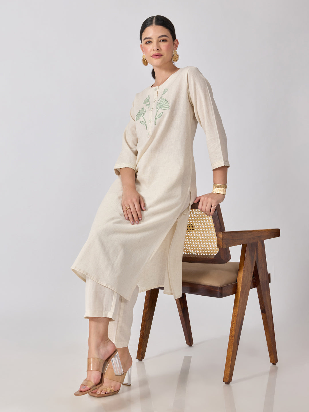 Women’s Floral Embroidered White and Green Straight Kurta Set