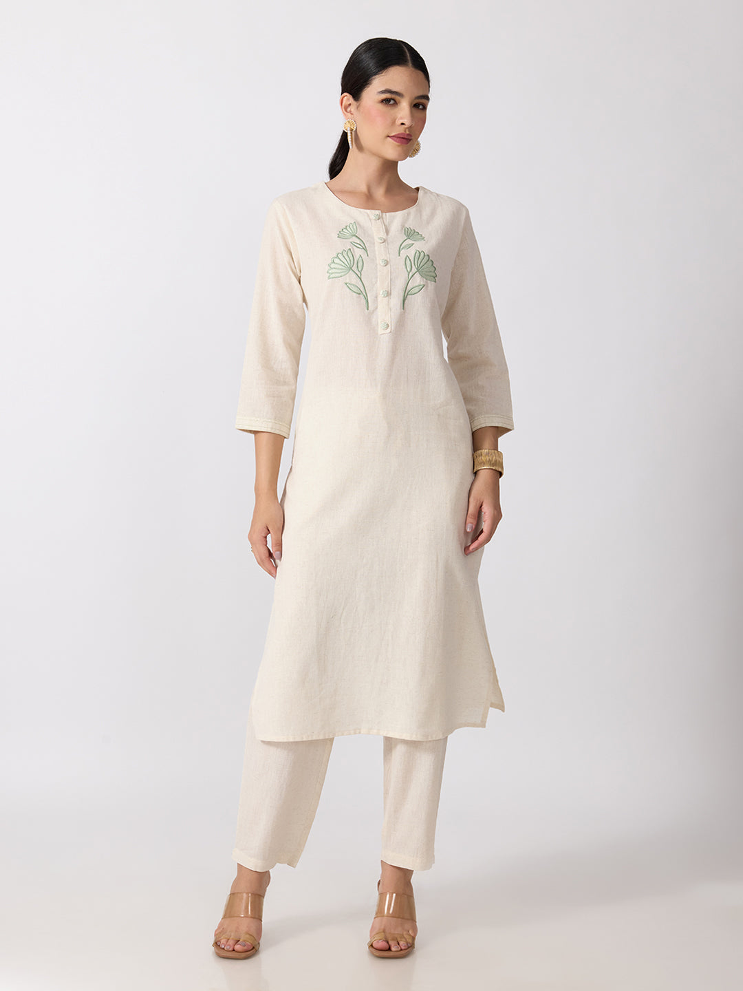 Women’s Floral Embroidered White and Green Straight Kurta Set