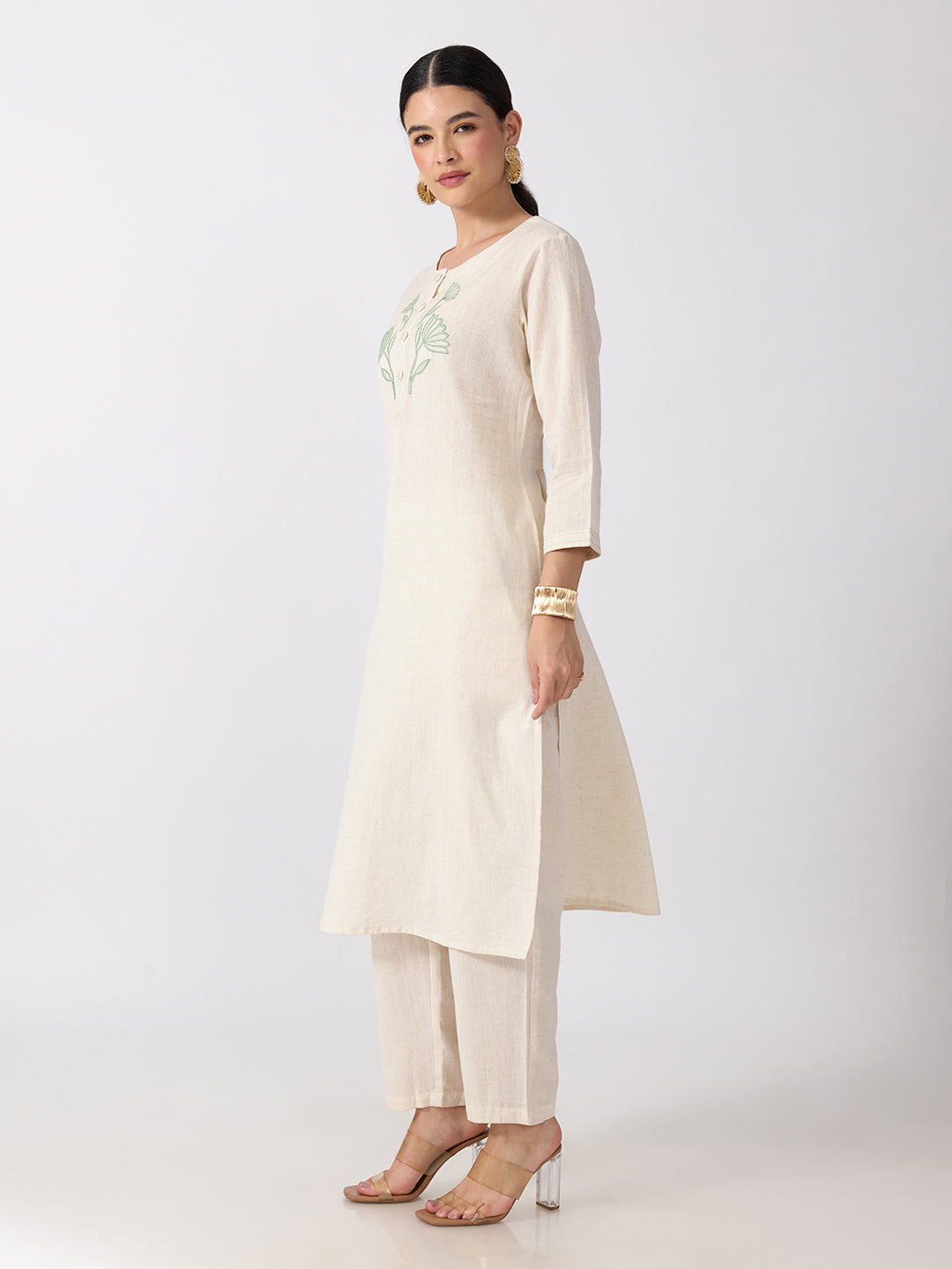 Women’s Floral Embroidered White and Green Straight Kurta Set
