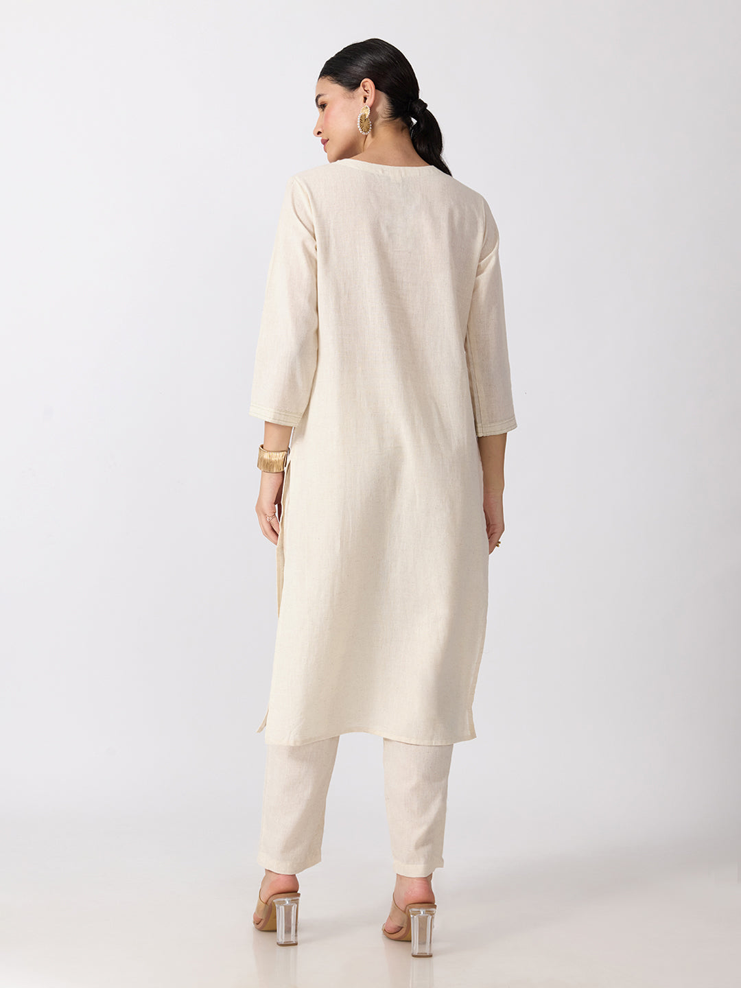 Women’s Floral Embroidered White and Green Straight Kurta Set