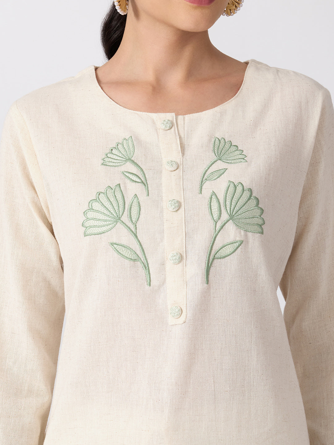 Women’s Floral Embroidered White and Green Straight Kurta Set