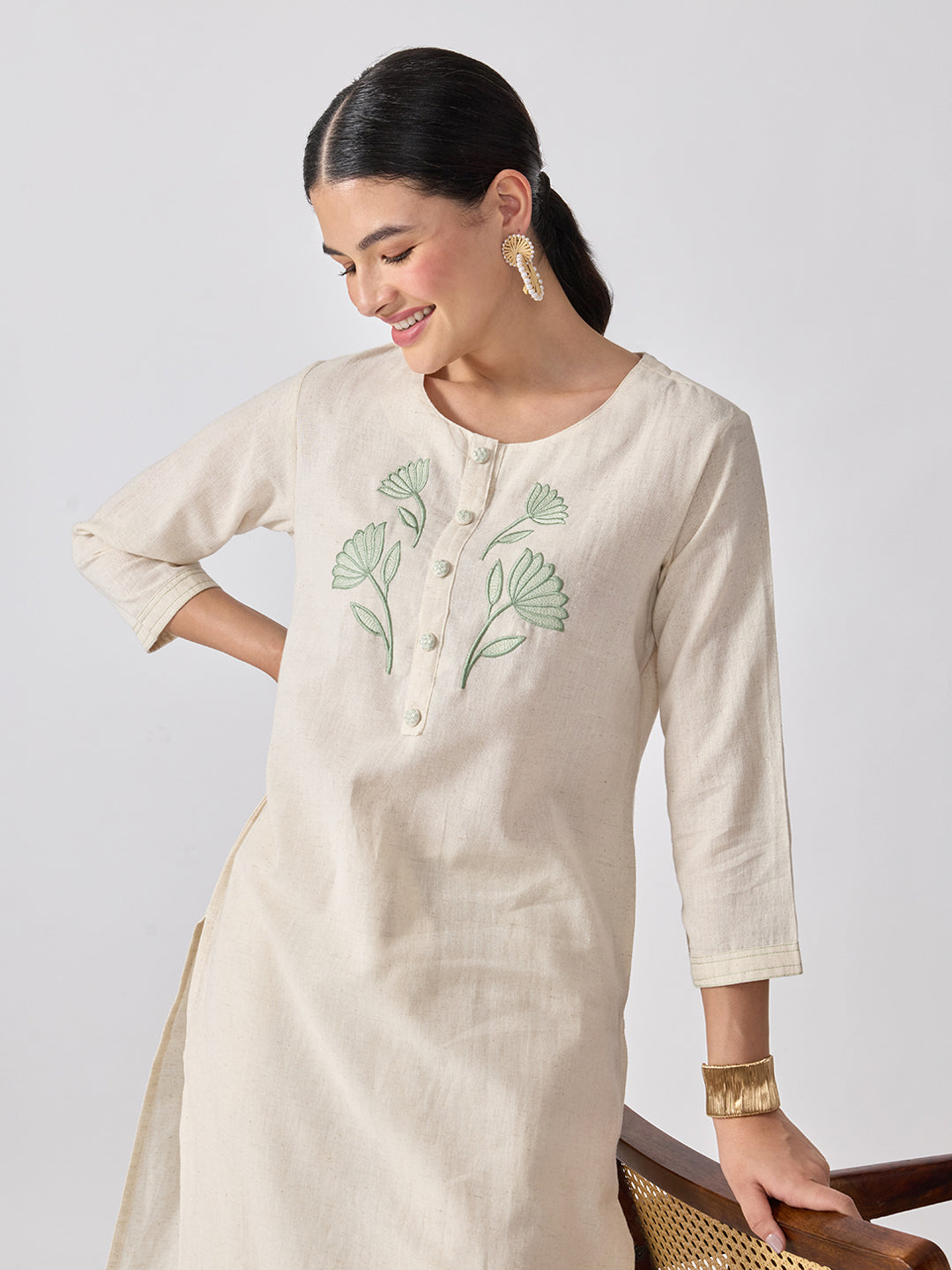 Women’s Floral Embroidered White and Green Straight Kurta Set