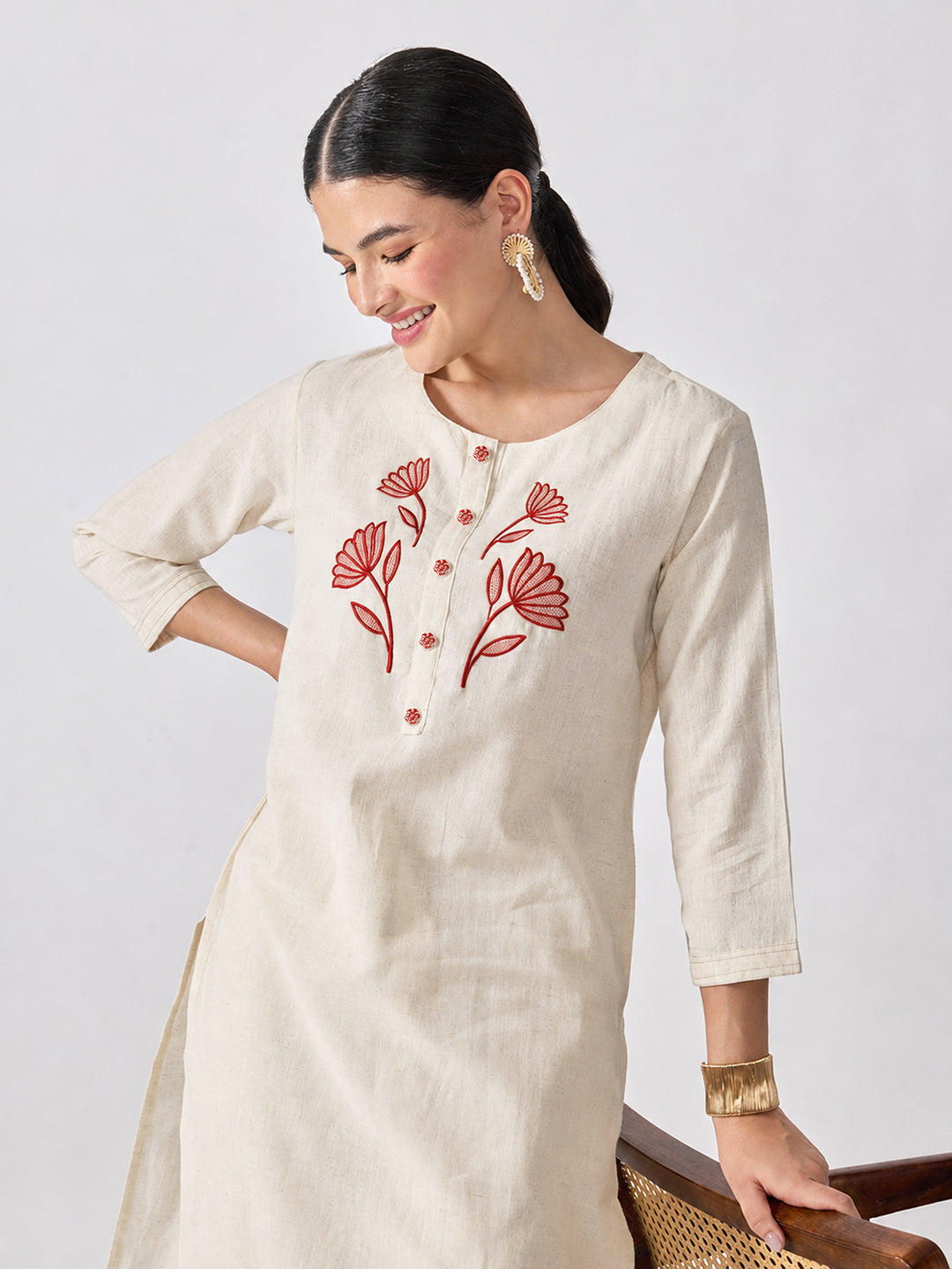 Women’s Floral Embroidered White and Red Straight Kurta Set