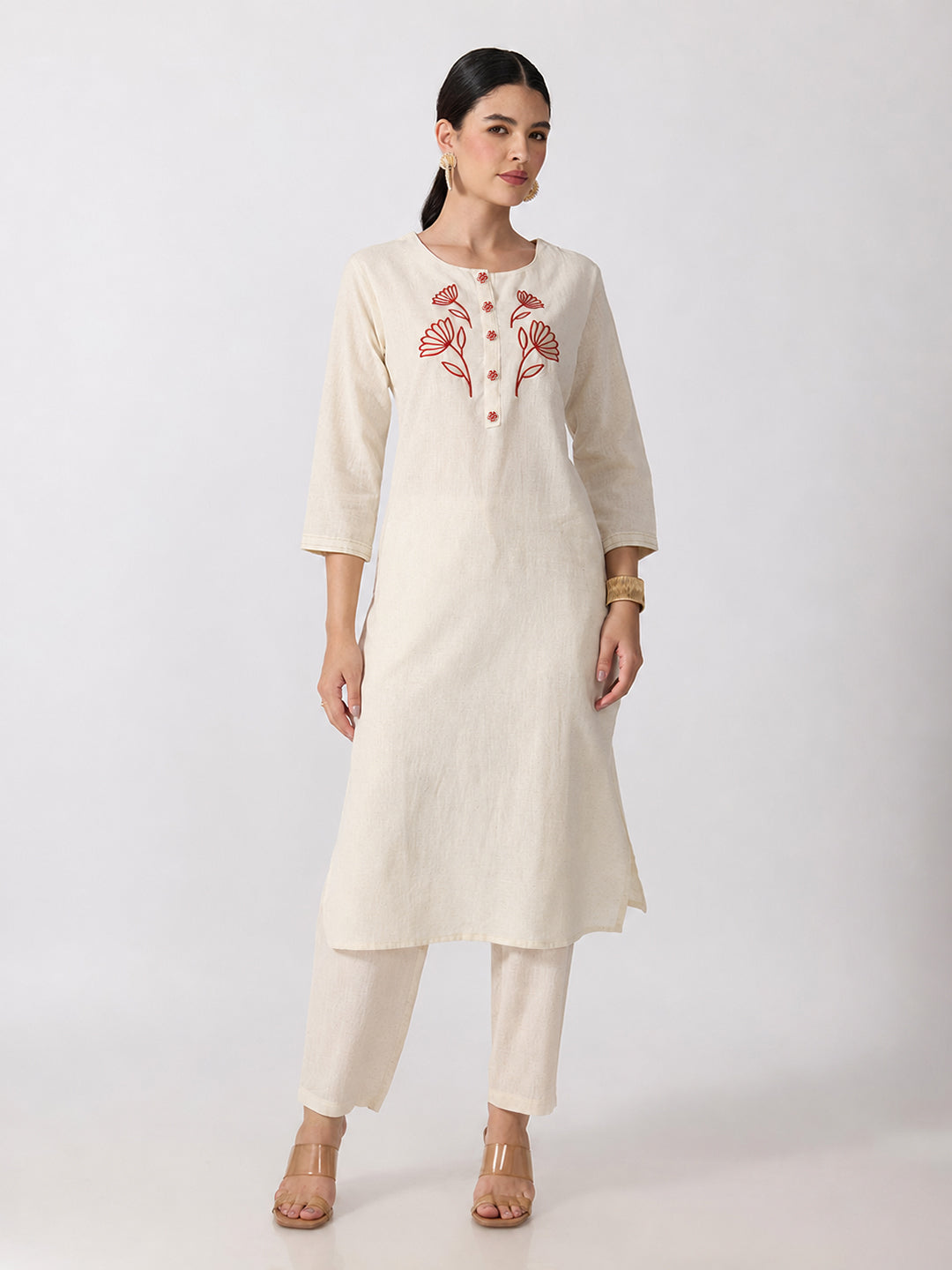 Women’s Floral Embroidered White and Red Straight Kurta Set