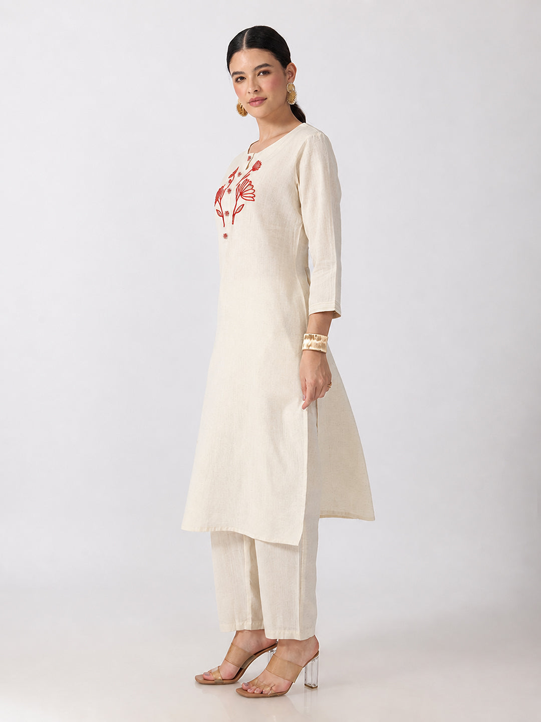 Women’s Floral Embroidered White and Red Straight Kurta Set