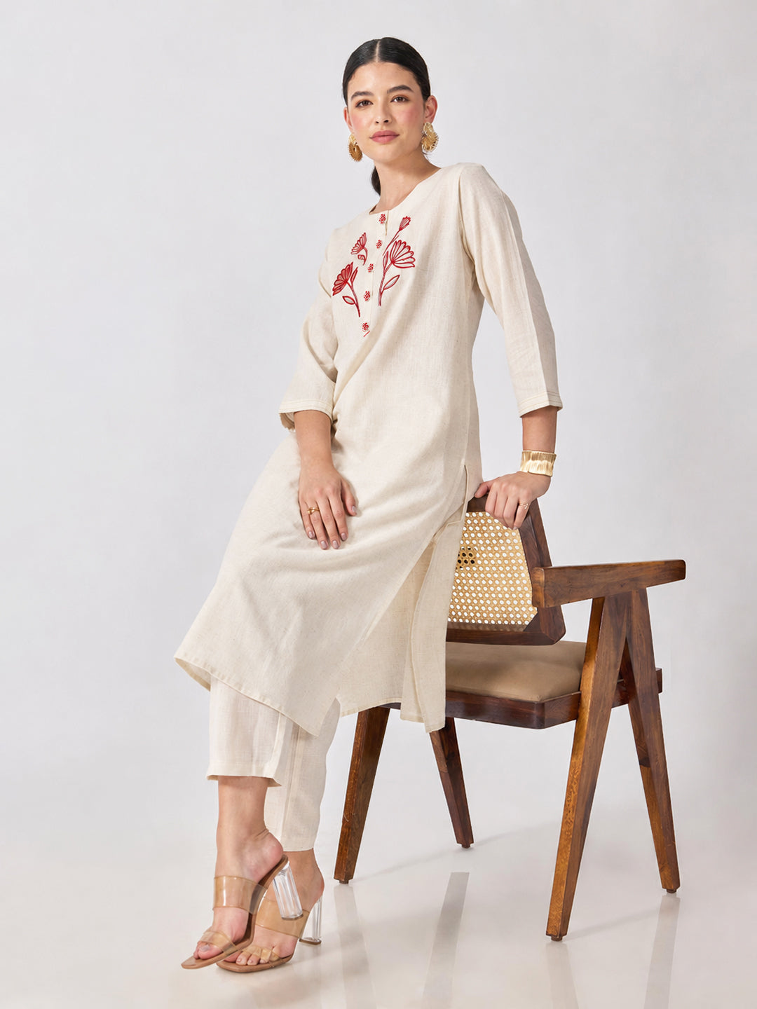 Women’s Floral Embroidered White and Red Straight Kurta Set