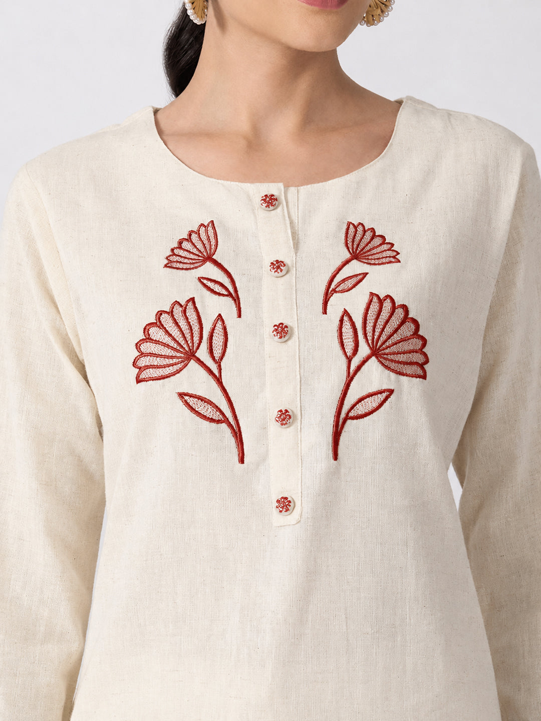 Women’s Floral Embroidered White and Red Straight Kurta Set