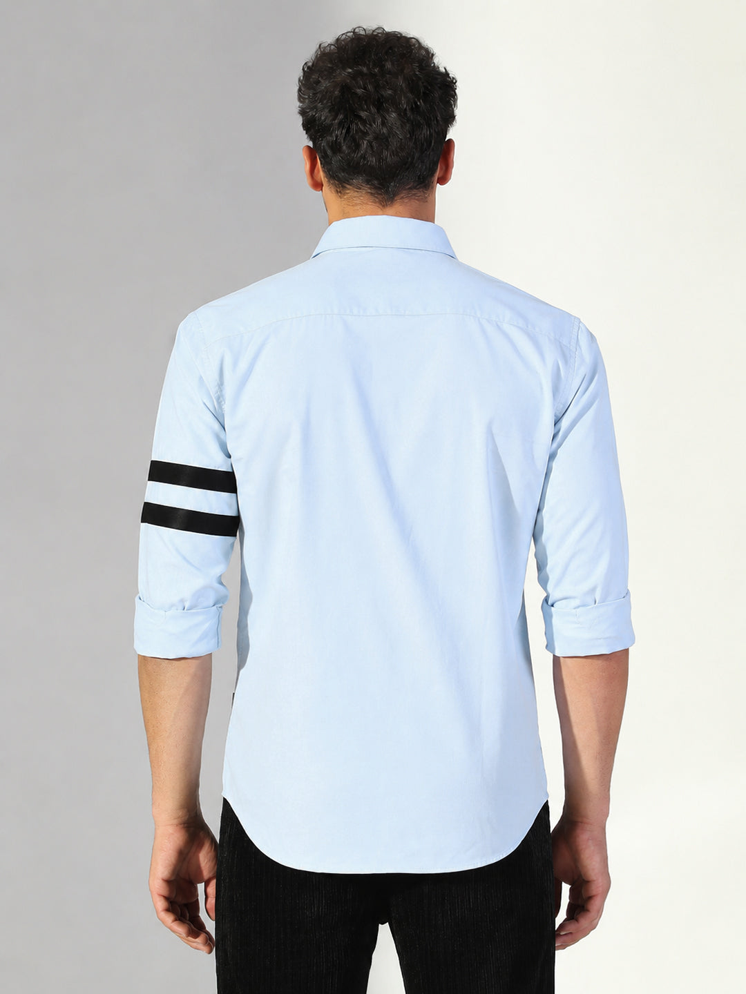 Men’s Blue Regular Fit Long Sleeves Shirt with Contrast Arm Stripes