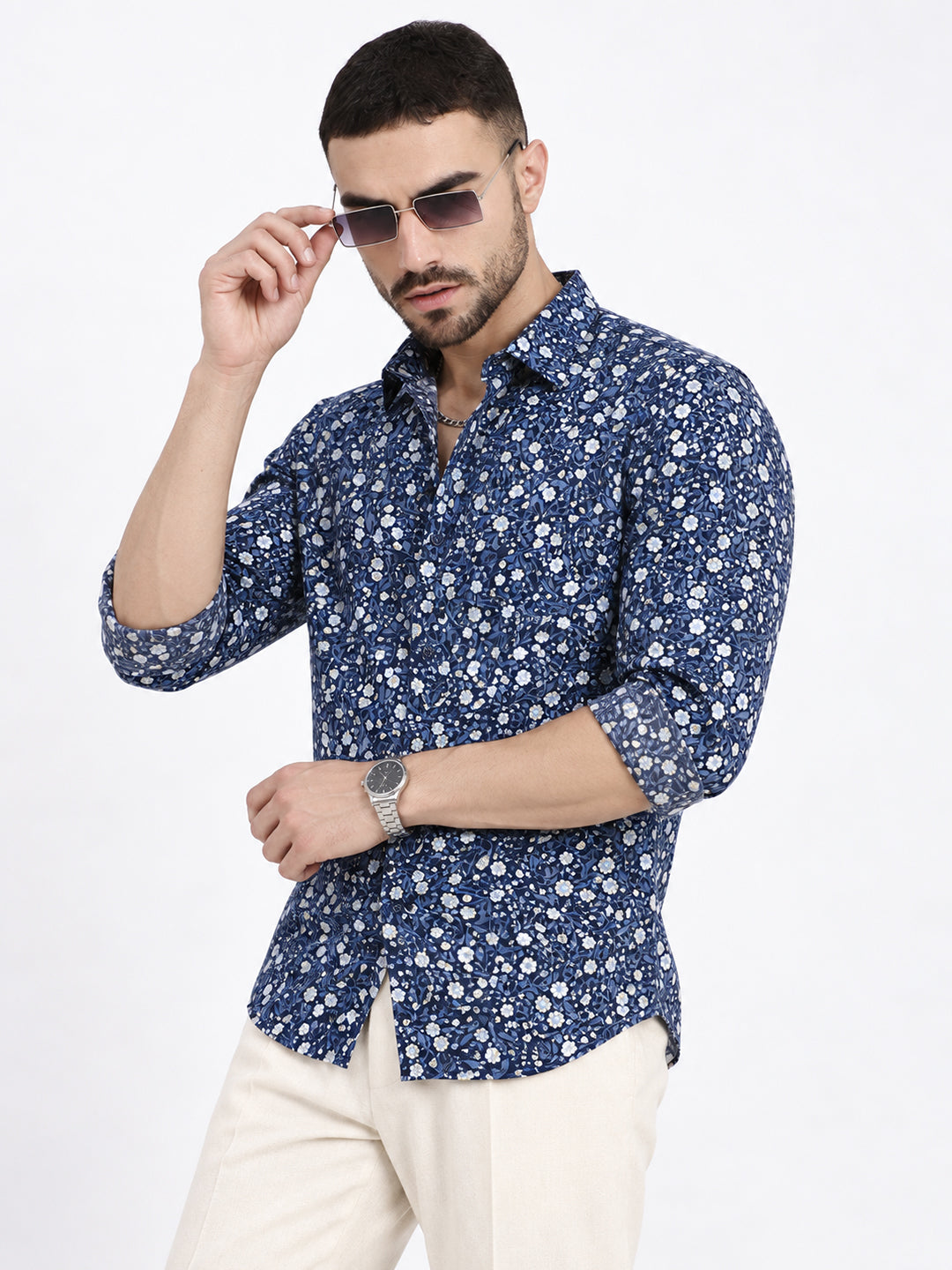 Men’s Floral Printed Navy Blue Slim Fit Long Sleeves Shirt