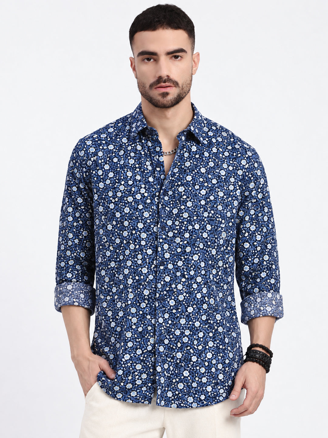 Men’s Floral Printed Navy Blue Slim Fit Long Sleeves Shirt