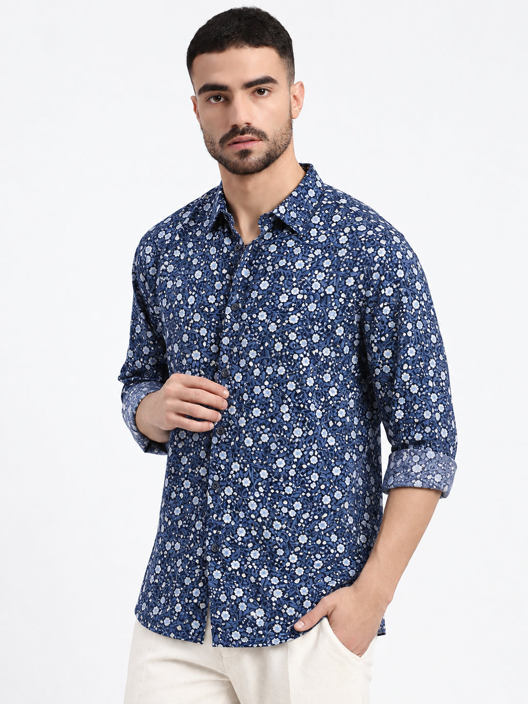 Men’s Floral Printed Navy Blue Slim Fit Long Sleeves Shirt