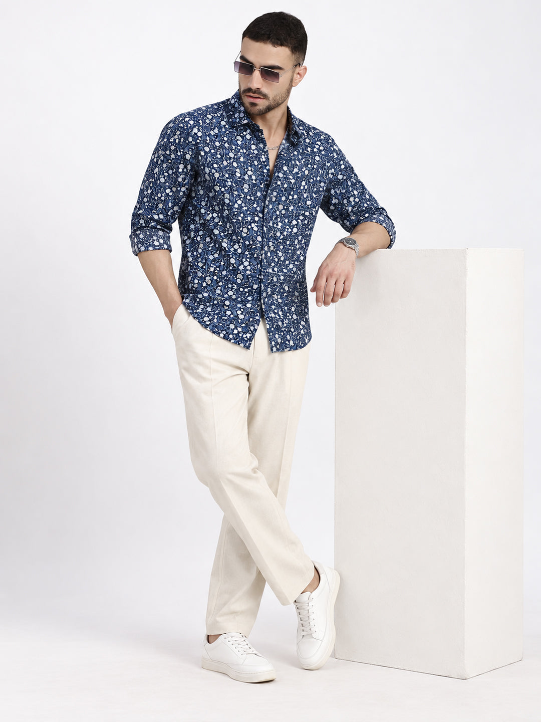 Men’s Floral Printed Navy Blue Slim Fit Long Sleeves Shirt