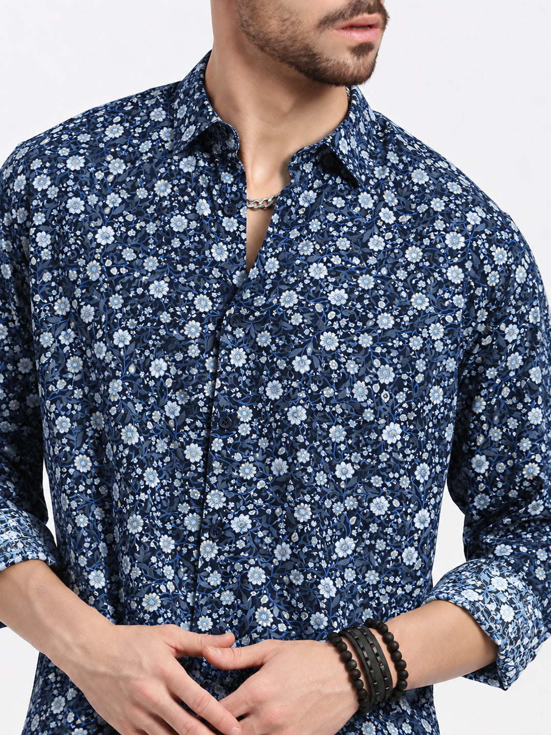 Men’s Floral Printed Navy Blue Slim Fit Long Sleeves Shirt